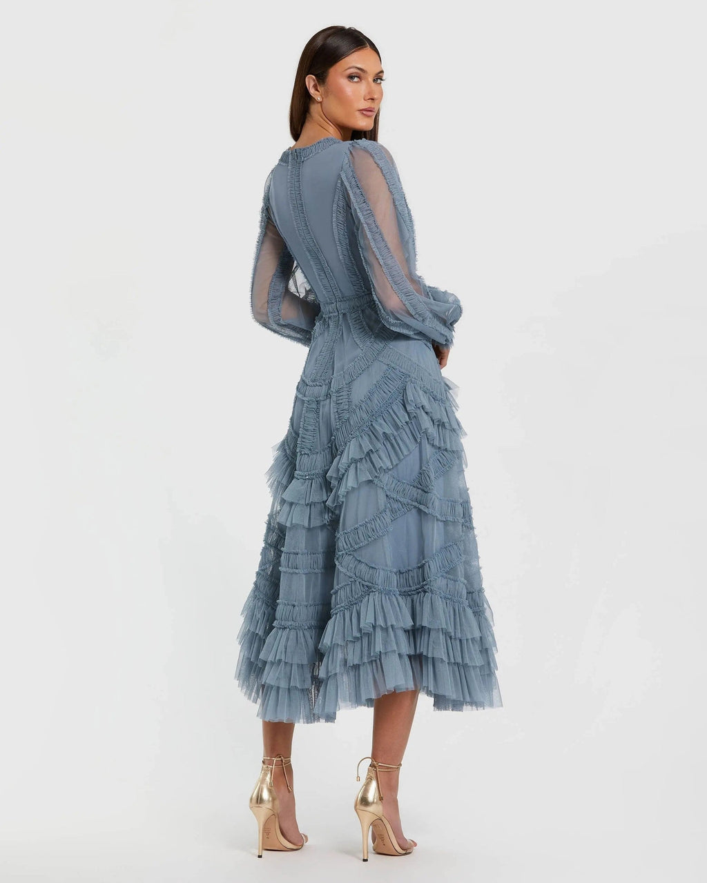 Slate Blue Long Sleeve V-Neck Micro Ruffle Midi Dress