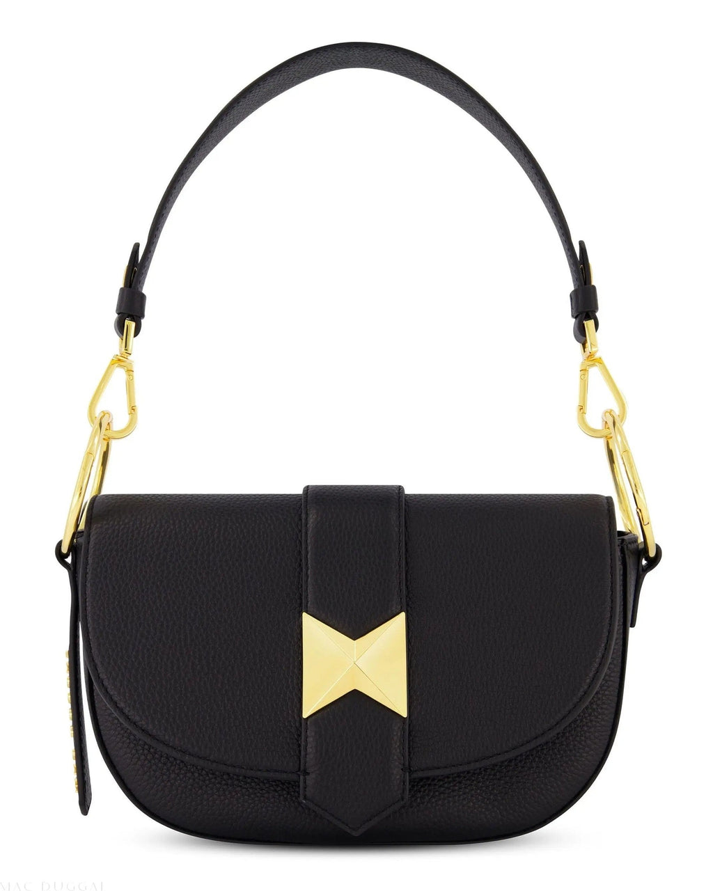 Black Grain Leather Saddle Bag With Gold Hardware