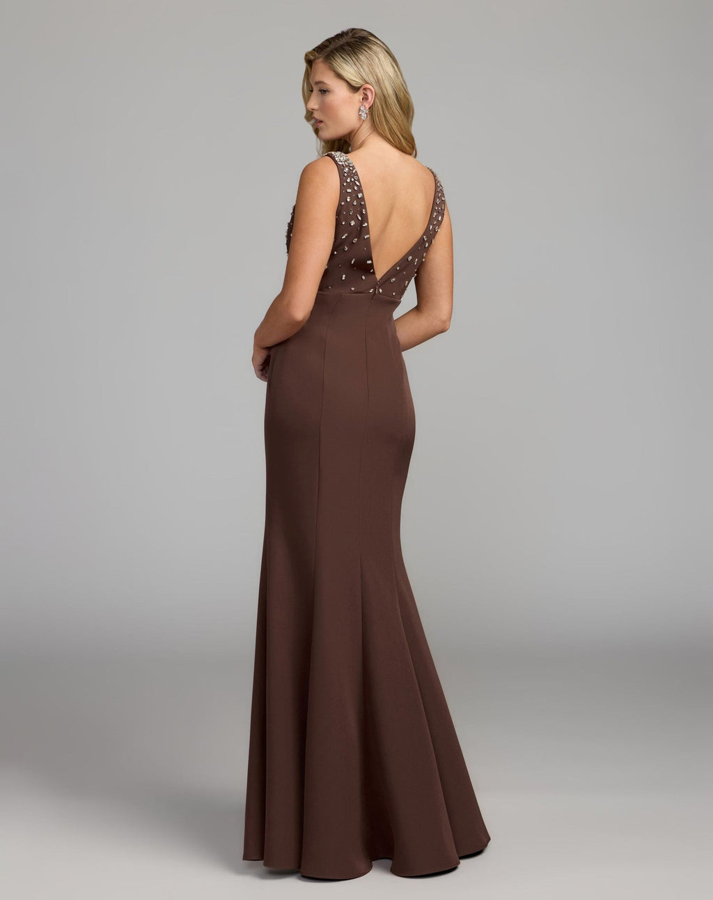 Chocolate Embellished V-Neck Crepe Gown