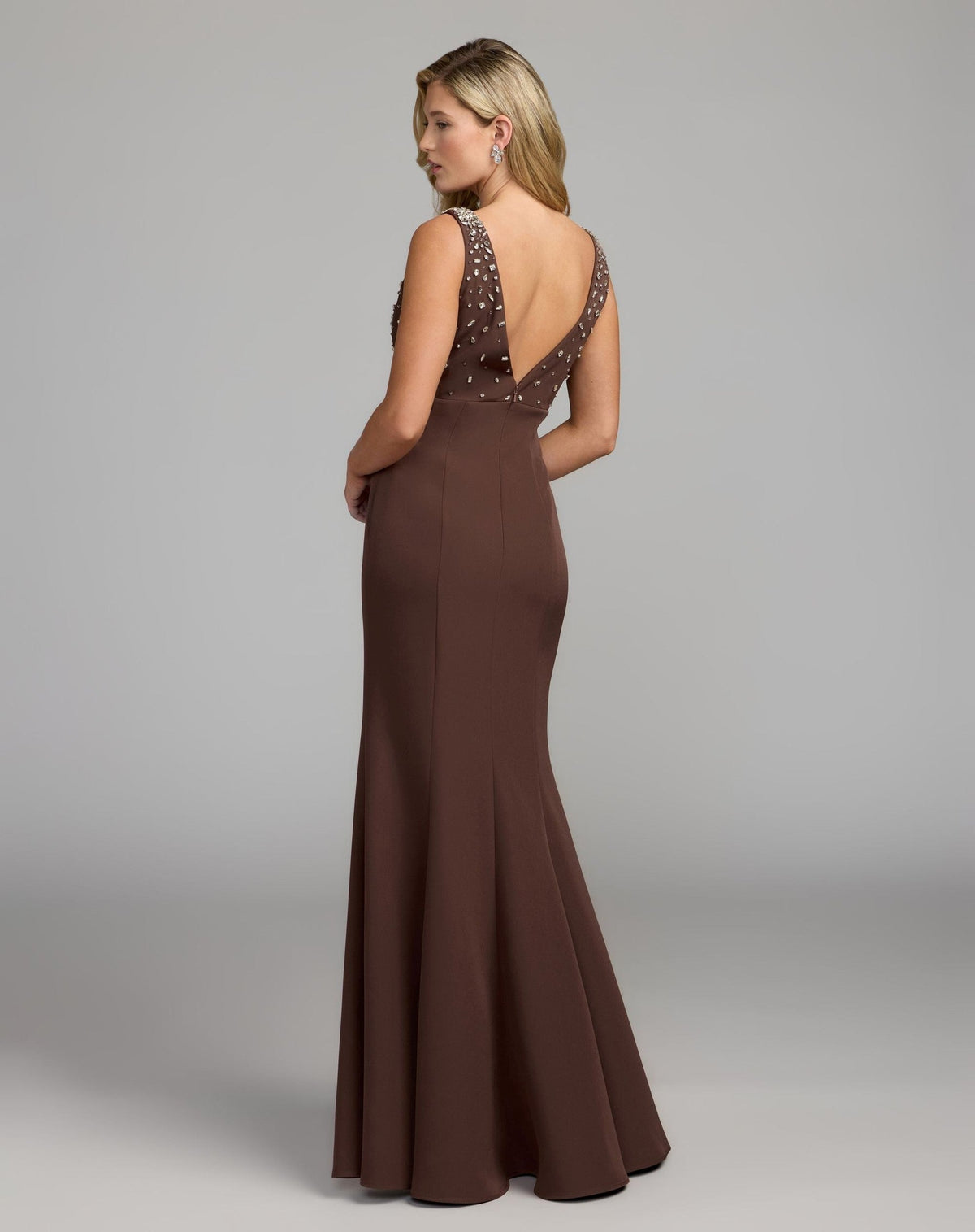 Chocolate Embellished V-Neck Crepe Gown