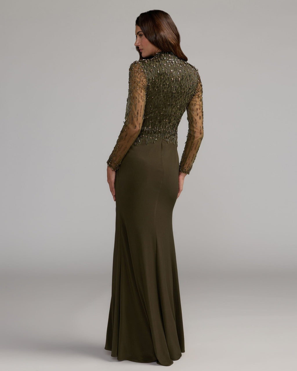 Olive Beaded Mock Neck Jersey Gown