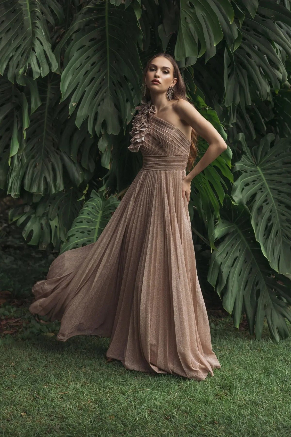 Champagne Pleated One Shoulder Ruffle Gown