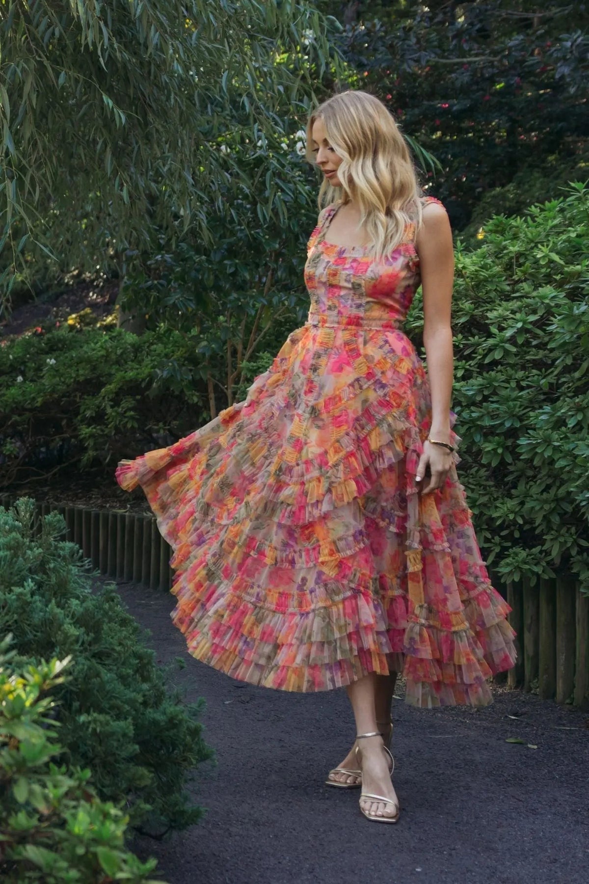 Multi Floral Scoop Neck A-Line Ruffle Midi Dress