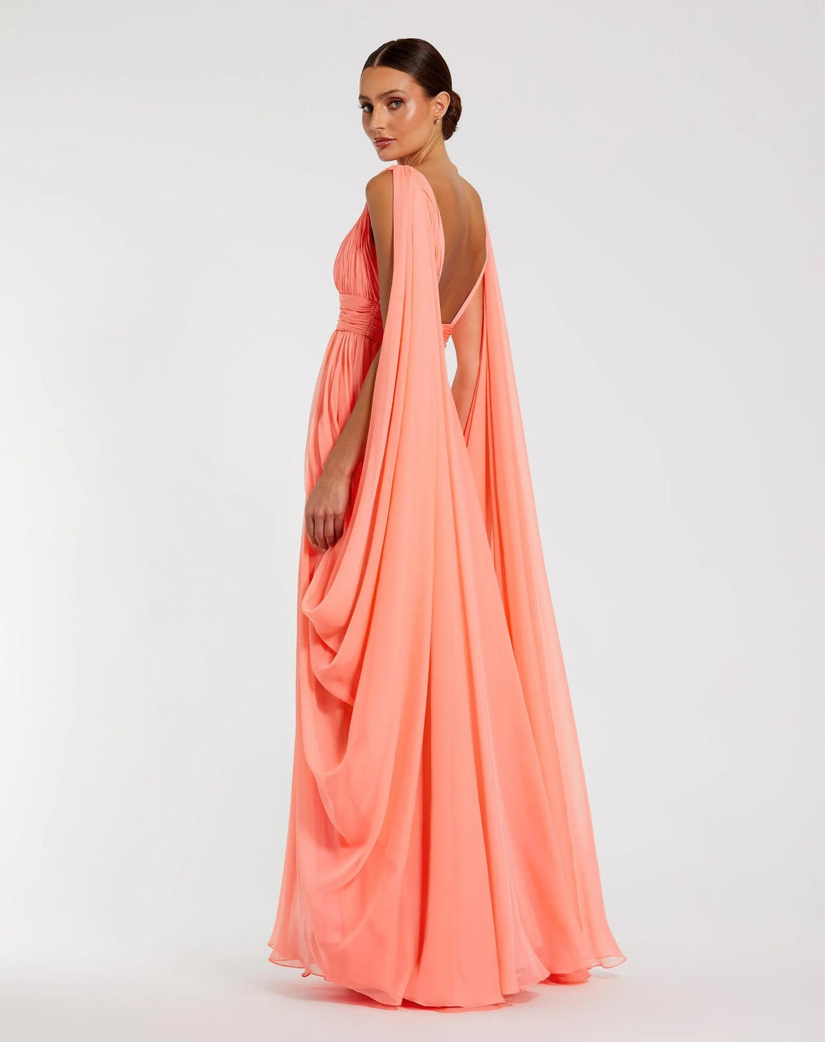 Coral Sleeveless V-Neck Draped Chiffon Gown