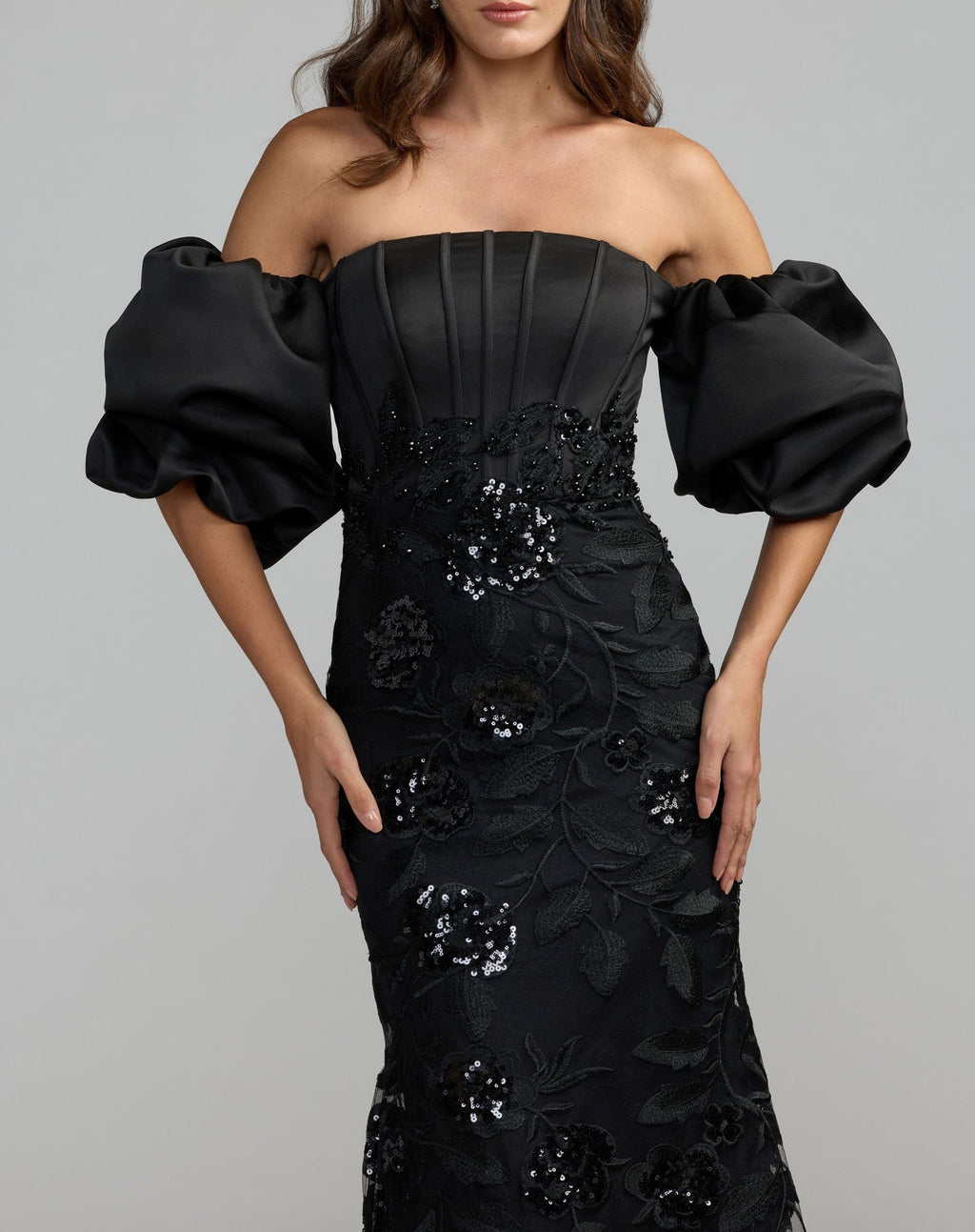 Black Satin Off The Shoulder Embroidered Mermaid Gown