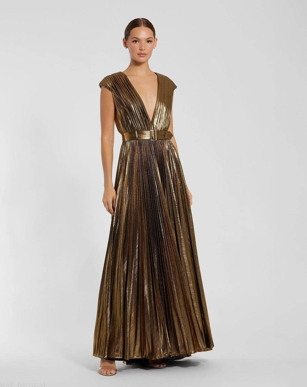 Gold Pleated Metallic Jersey Gown With Belt
