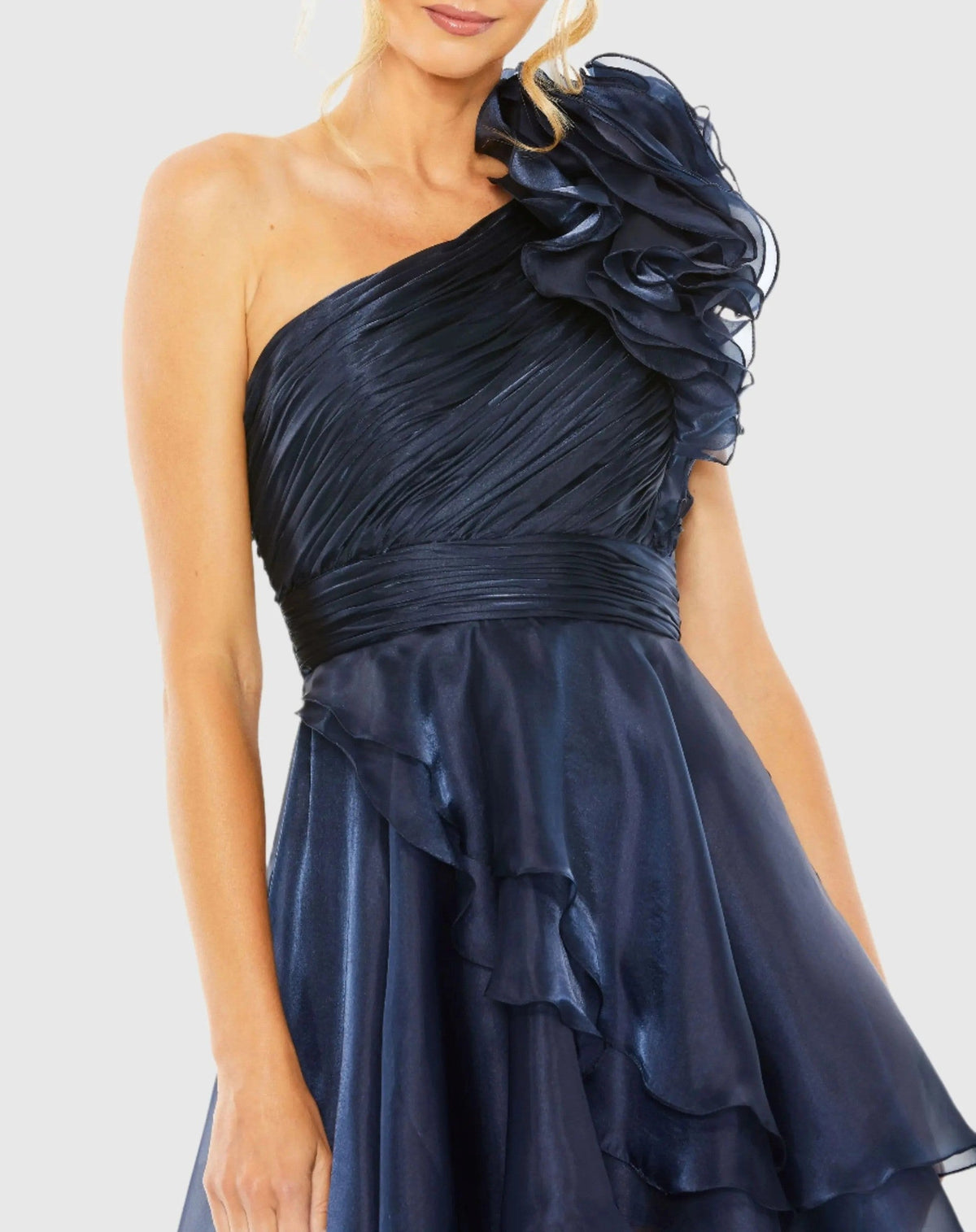 Navy One Shoulder Ruffle High Low Gown