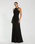 Black Jersey Halter Neck Gown With 3D Flower