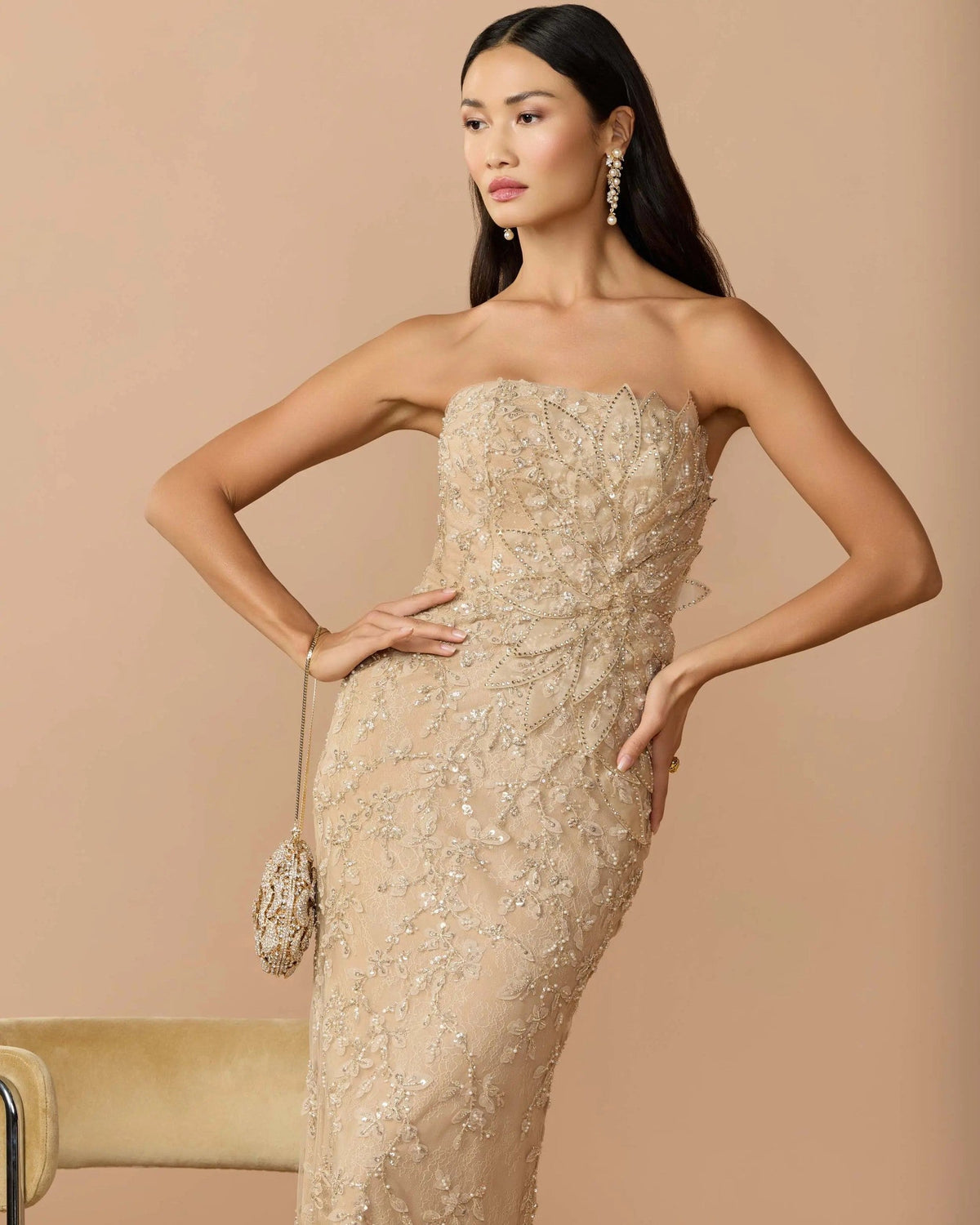 Gold Strapless Embellished Lace Gown With 3D Flower
