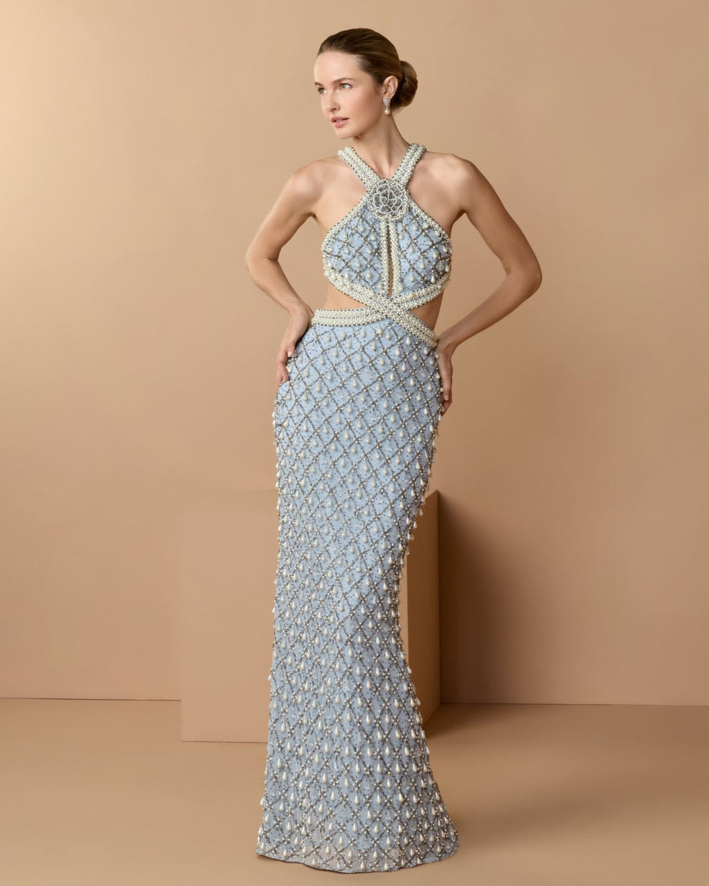 Vintage Blue Pearl Embellished Open Back Gown
