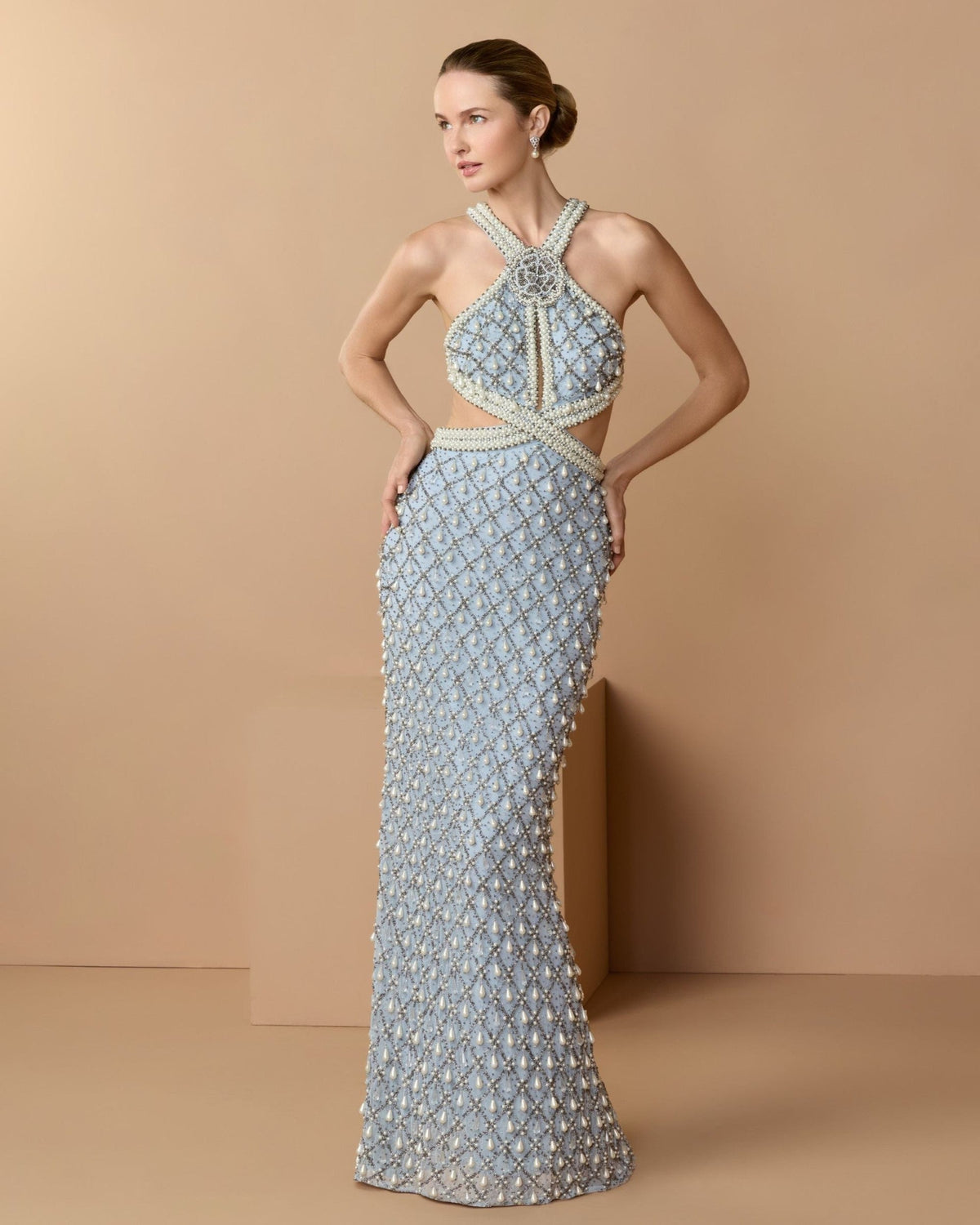 Vintage Blue Pearl Embellished Open Back Gown