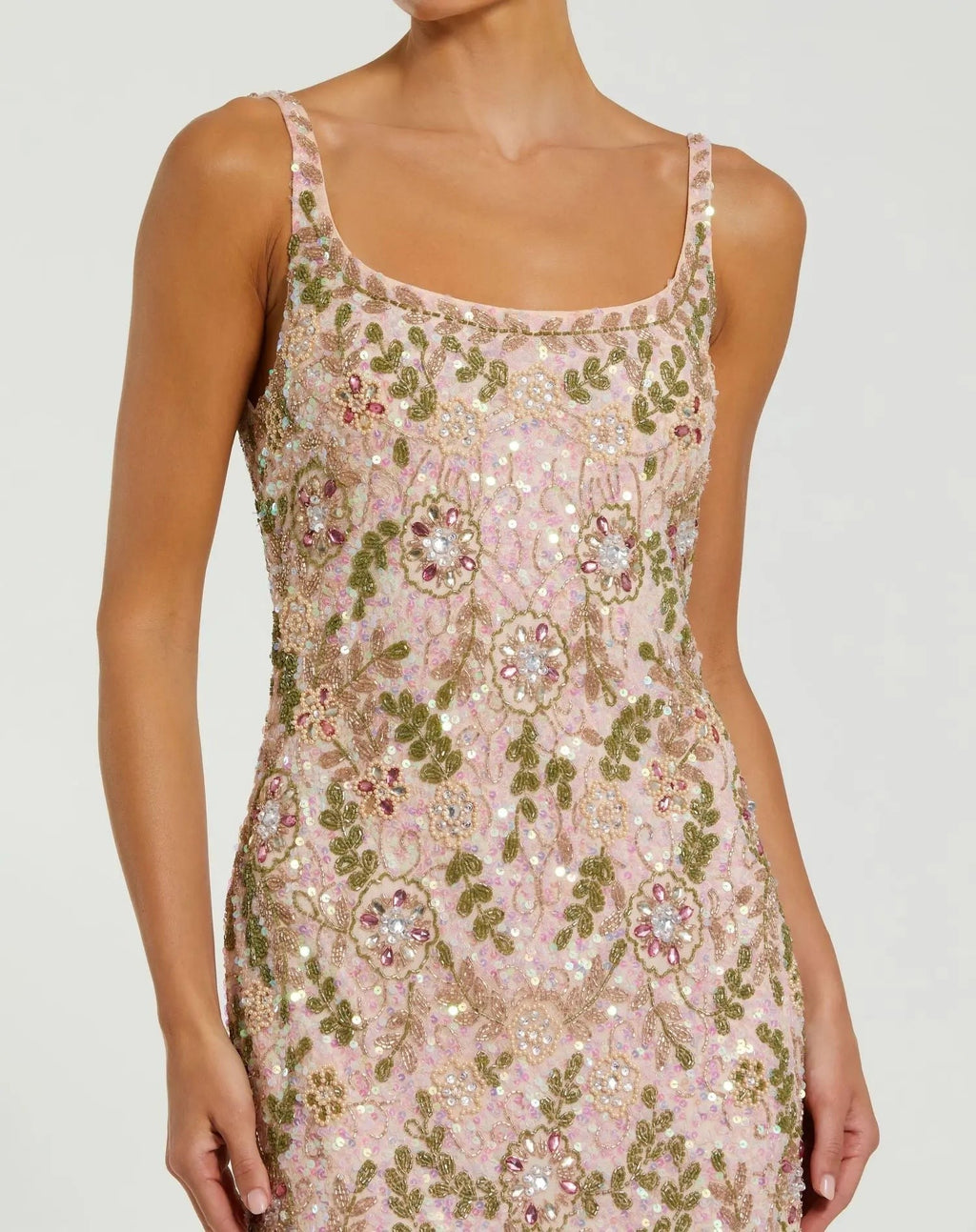 Nude Multi Sleeveless Hand Embellished Floral Maxi Dress