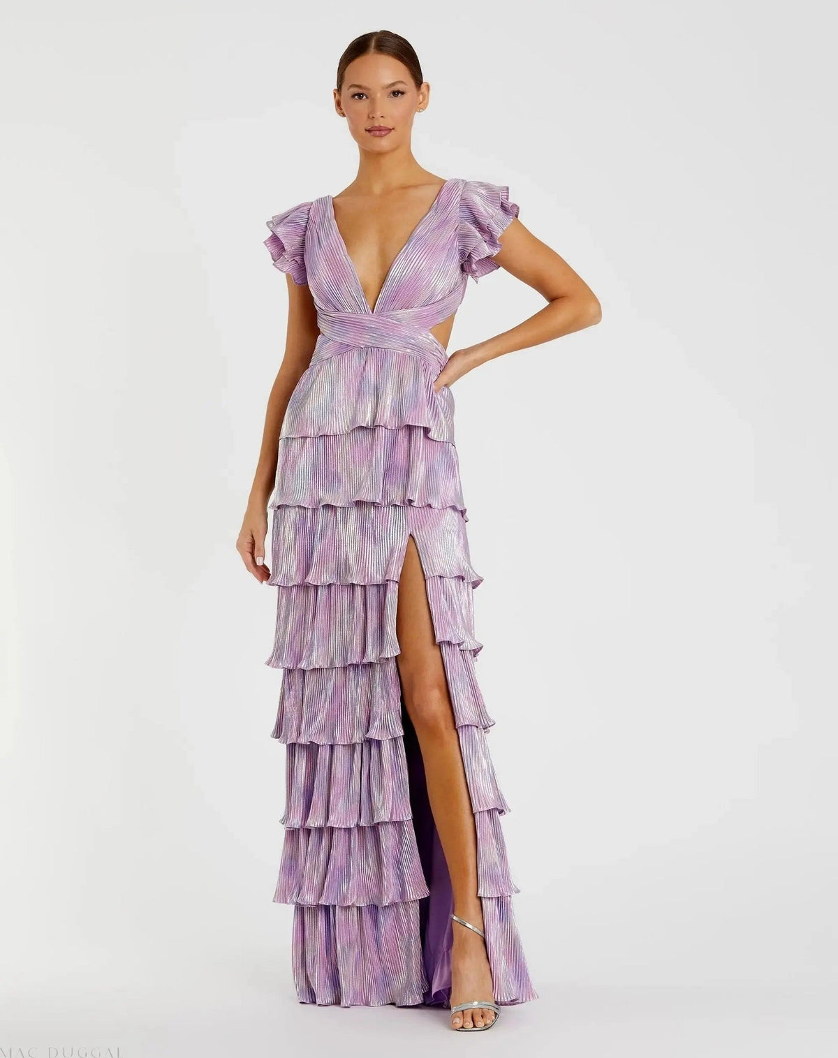 Purple Multi Ruffle Tiered Criss Cross Lace Up Gown