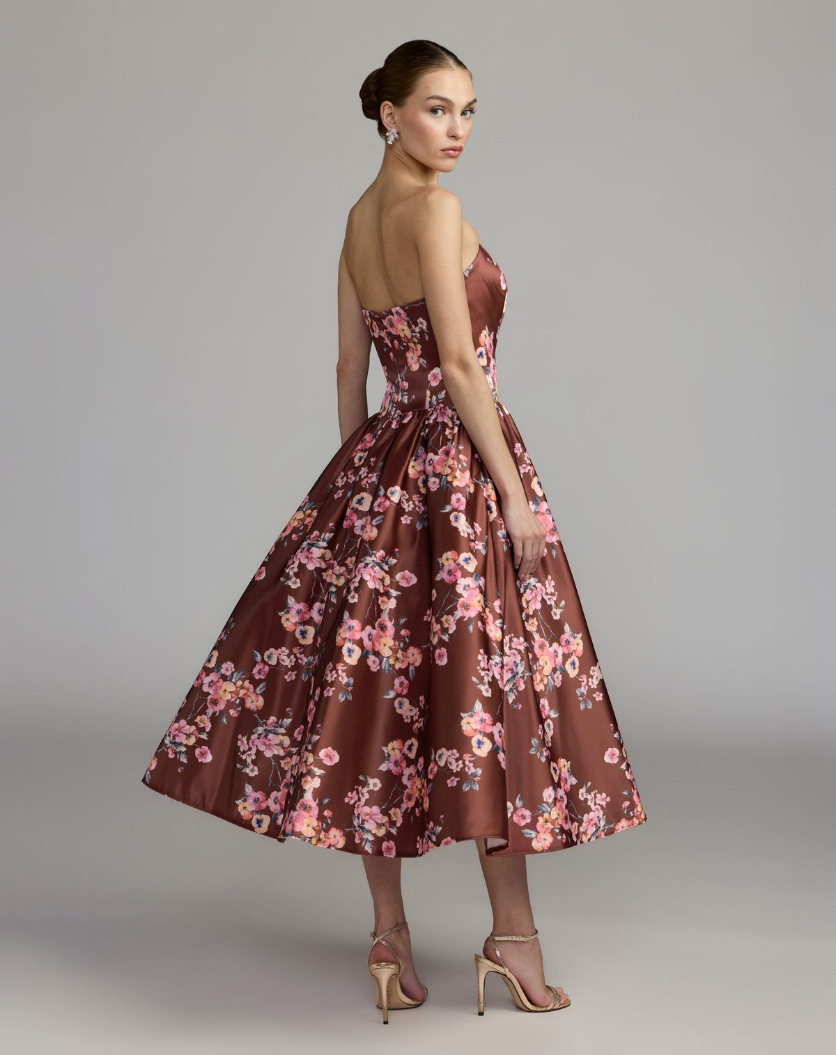 Bordeaux Multi Floral Print Strapless Midi Dress