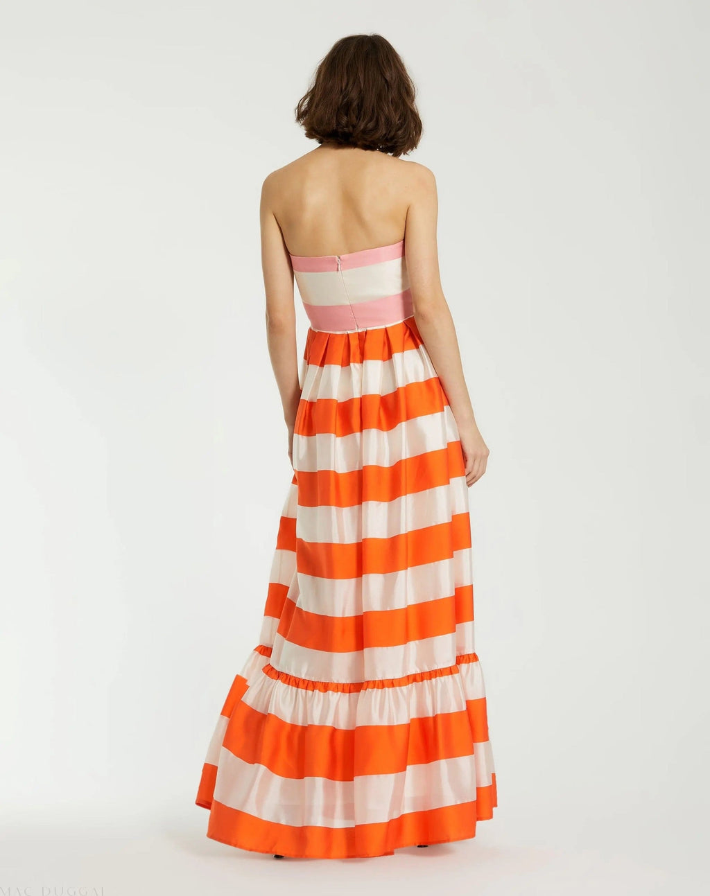 Multicolor Striped Organza Strapless Ruffle Gown