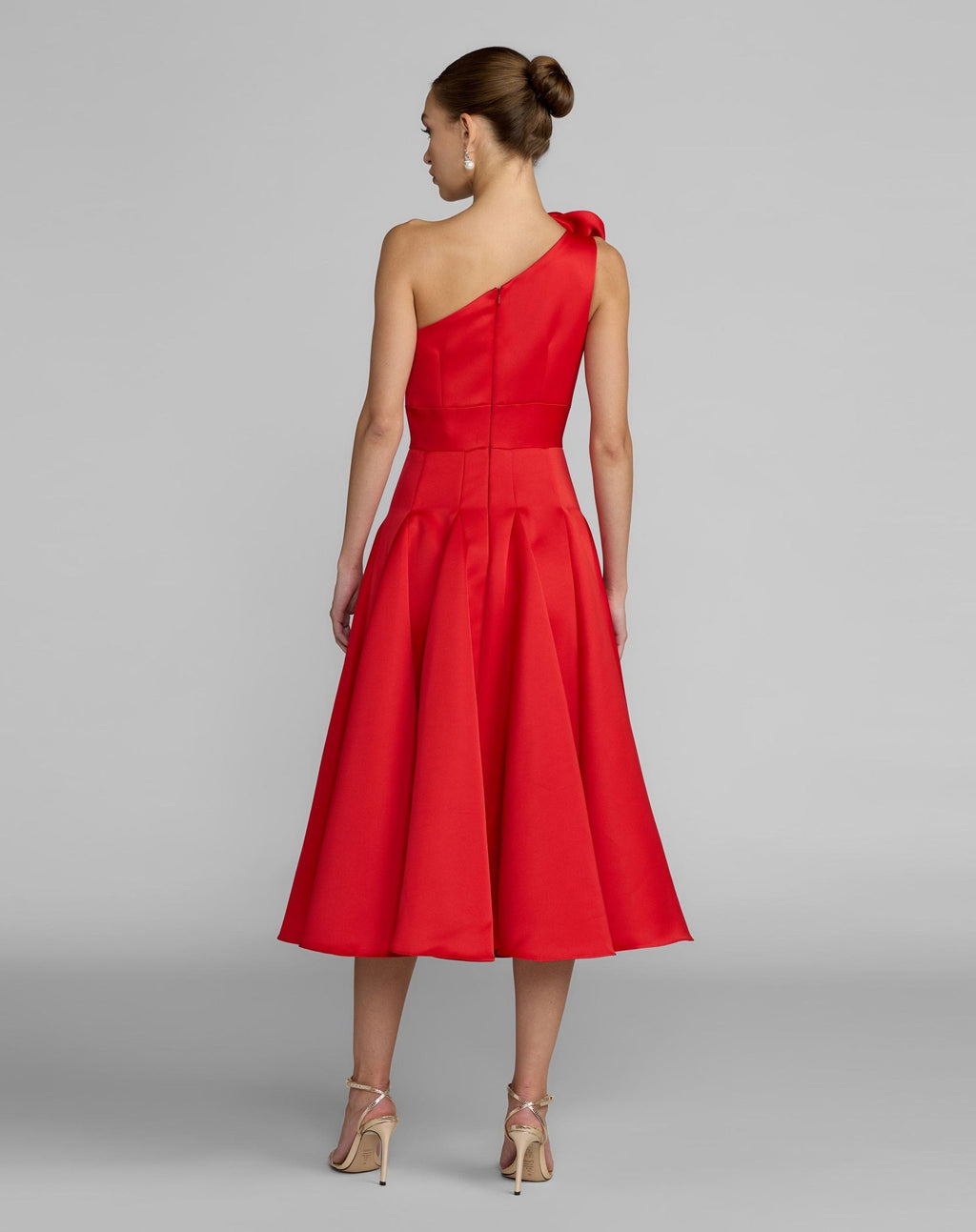 Red One Shoulder Satin Midi Dress With 3D Flower