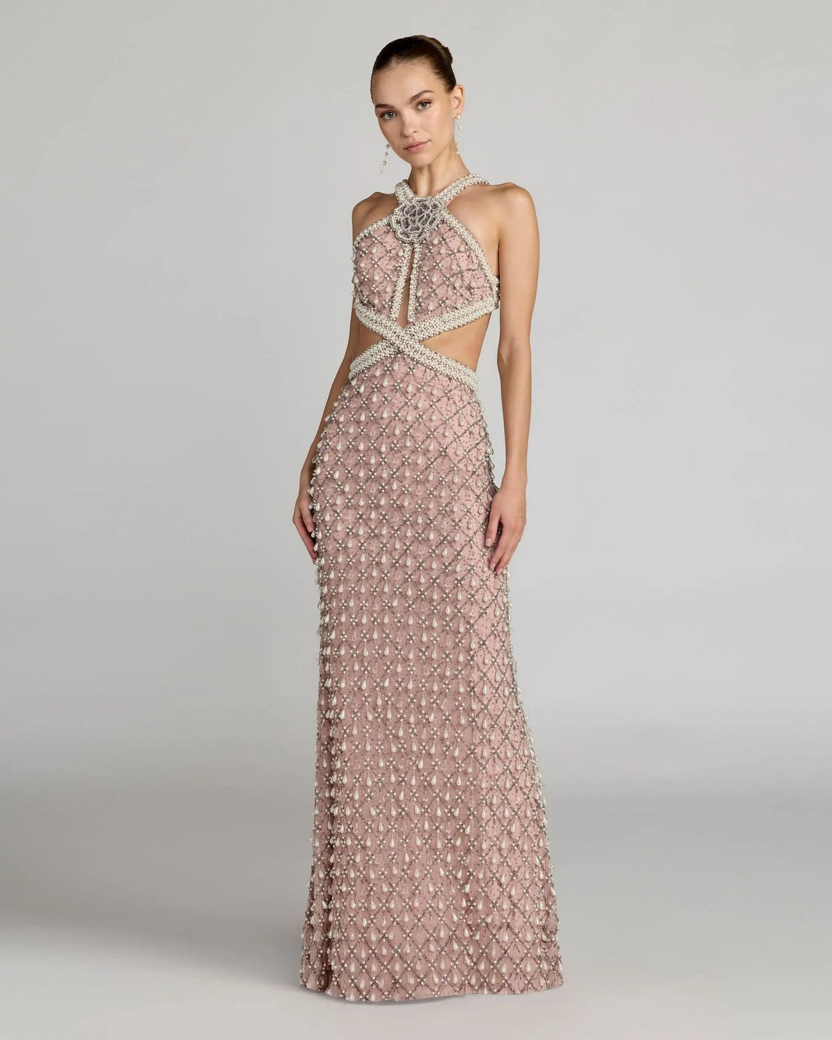 Light Rose Pearl Embellished Open Back Gown