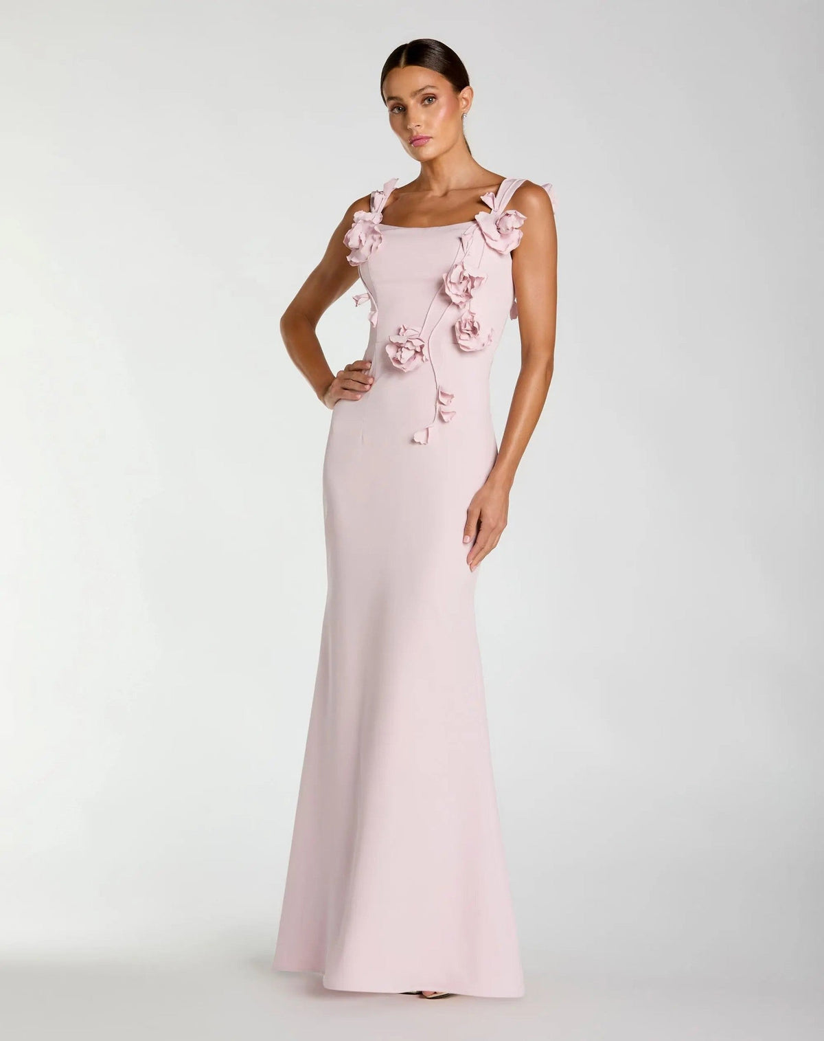 Blush Sleeveless Crepe Column Gown With Floral Detail