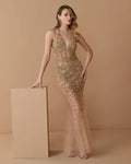 Nude Silver Hand Embellished Open Back Halter Gown