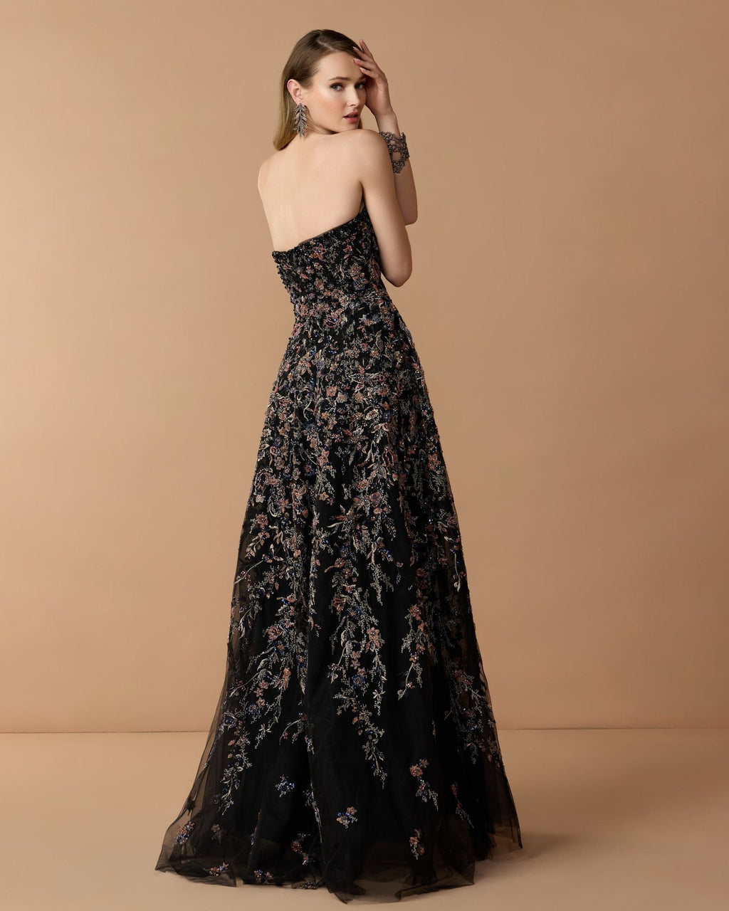 Black Multi Strapless Floral Embroidered A-Line Gown