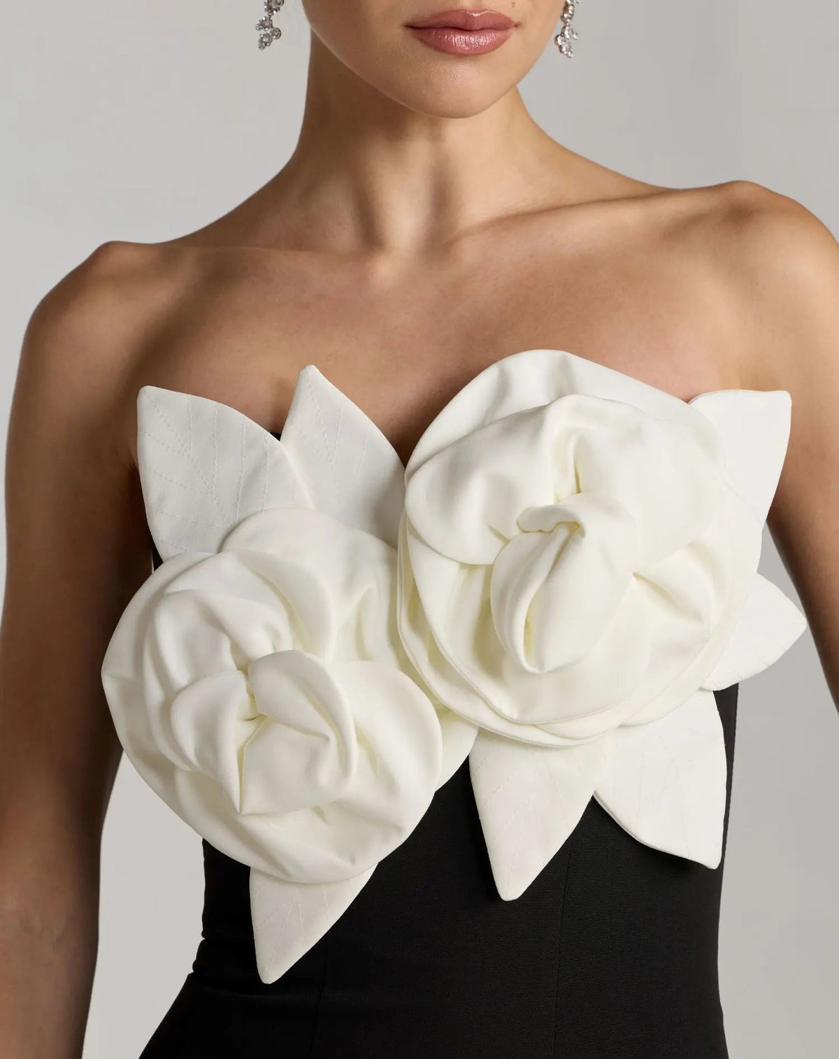 Black Strapless Crepe Mermaid Gown With 3D Flowers
