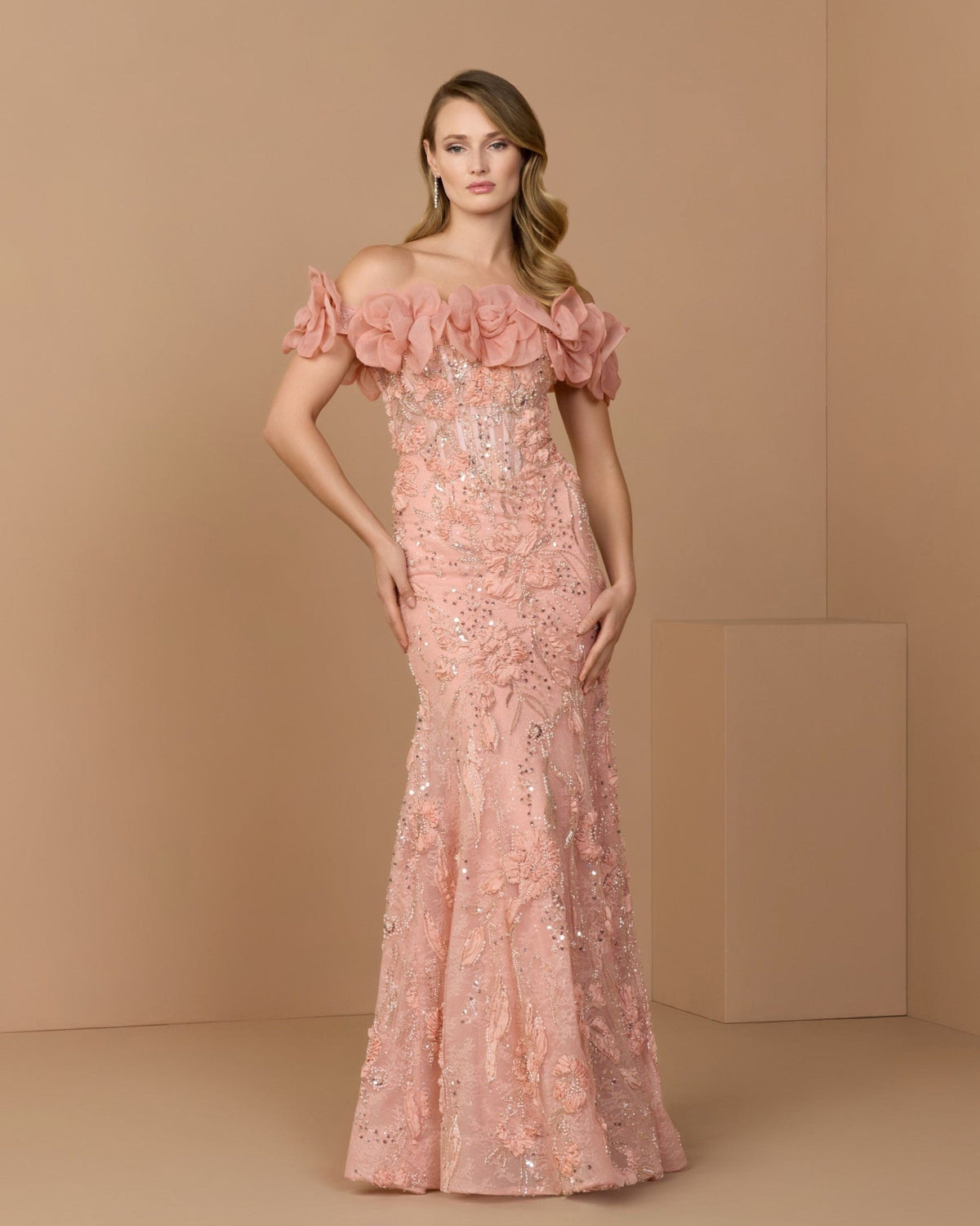 Blush Off The Shoulder Embellished Mermaid Gown