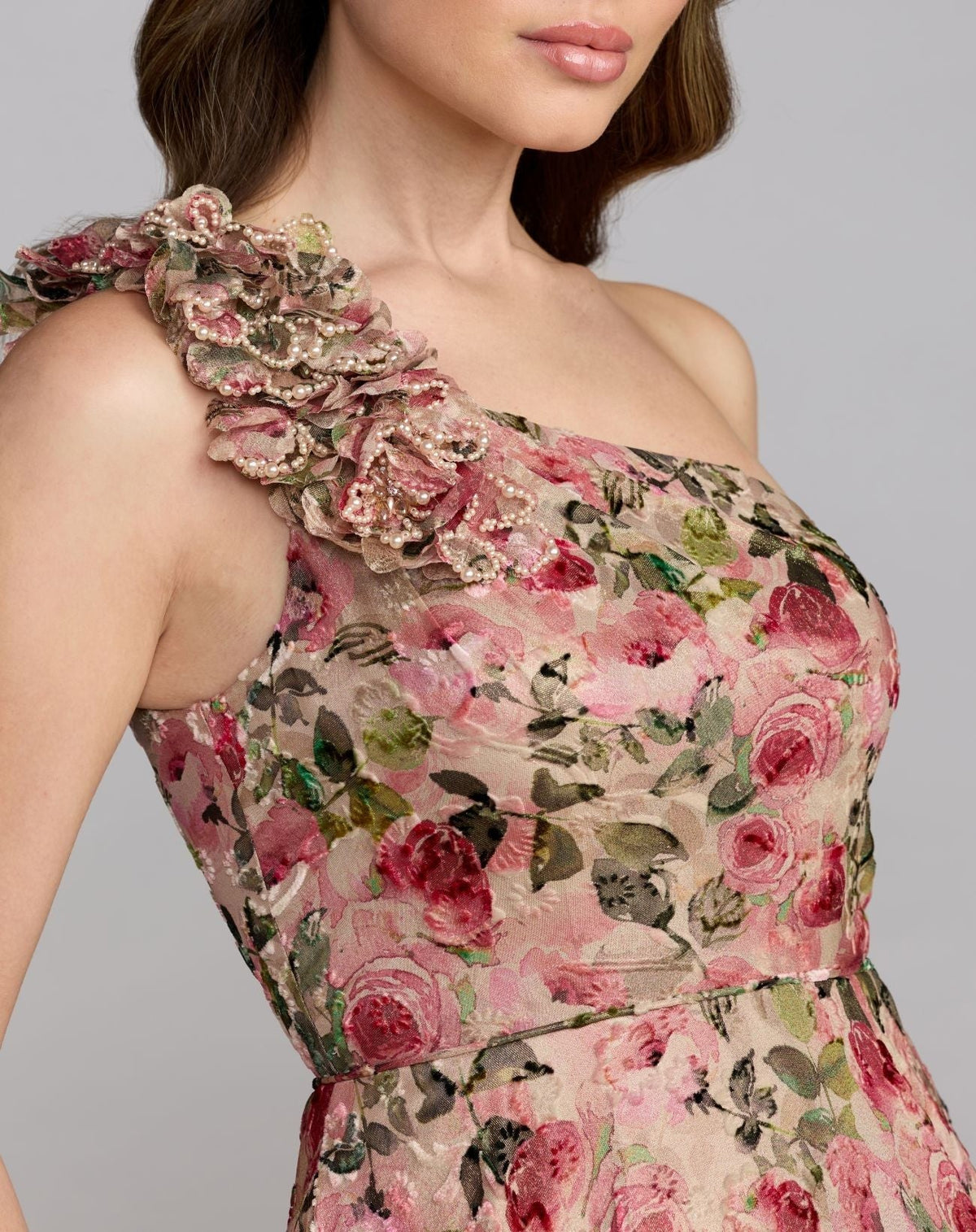 Pink Multi One Shoulder Velvet Floral Ball Gown