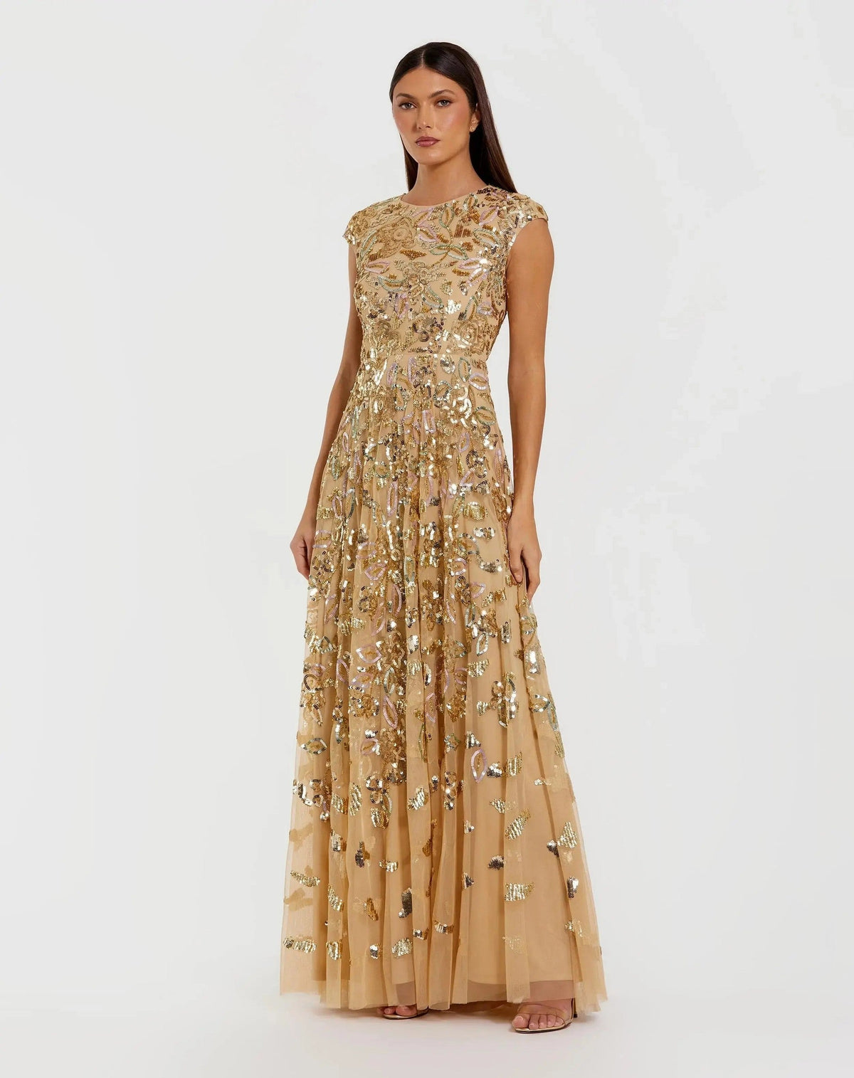 Gold Sequin High Neck Cap Sleeve A Line Gown