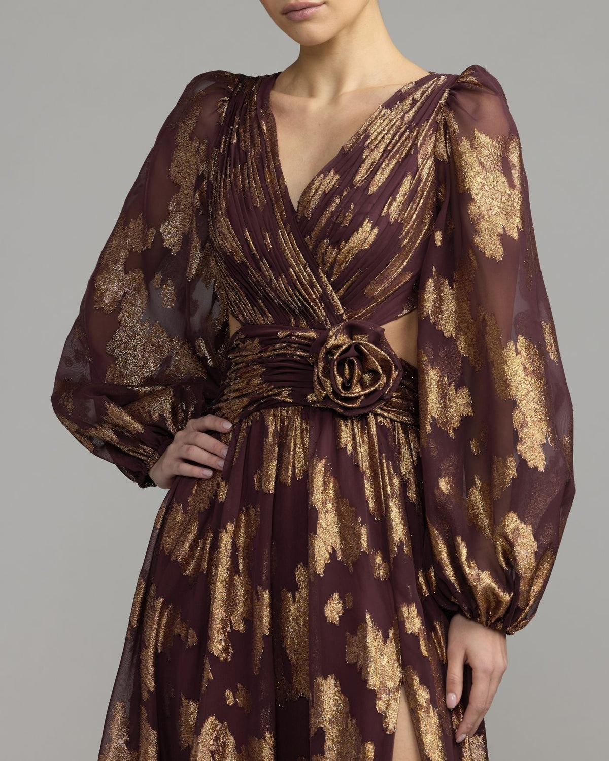 Wine Metallic Burnout Rosette A-Line Gown