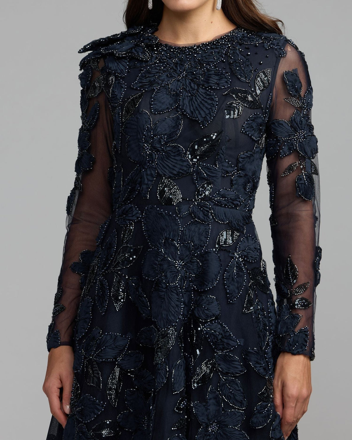 Midnight Floral Embellished Long Sleeve Gown