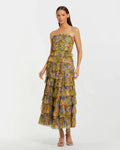 Yellow Multi Floral Tiered Strapless Midi Dress
