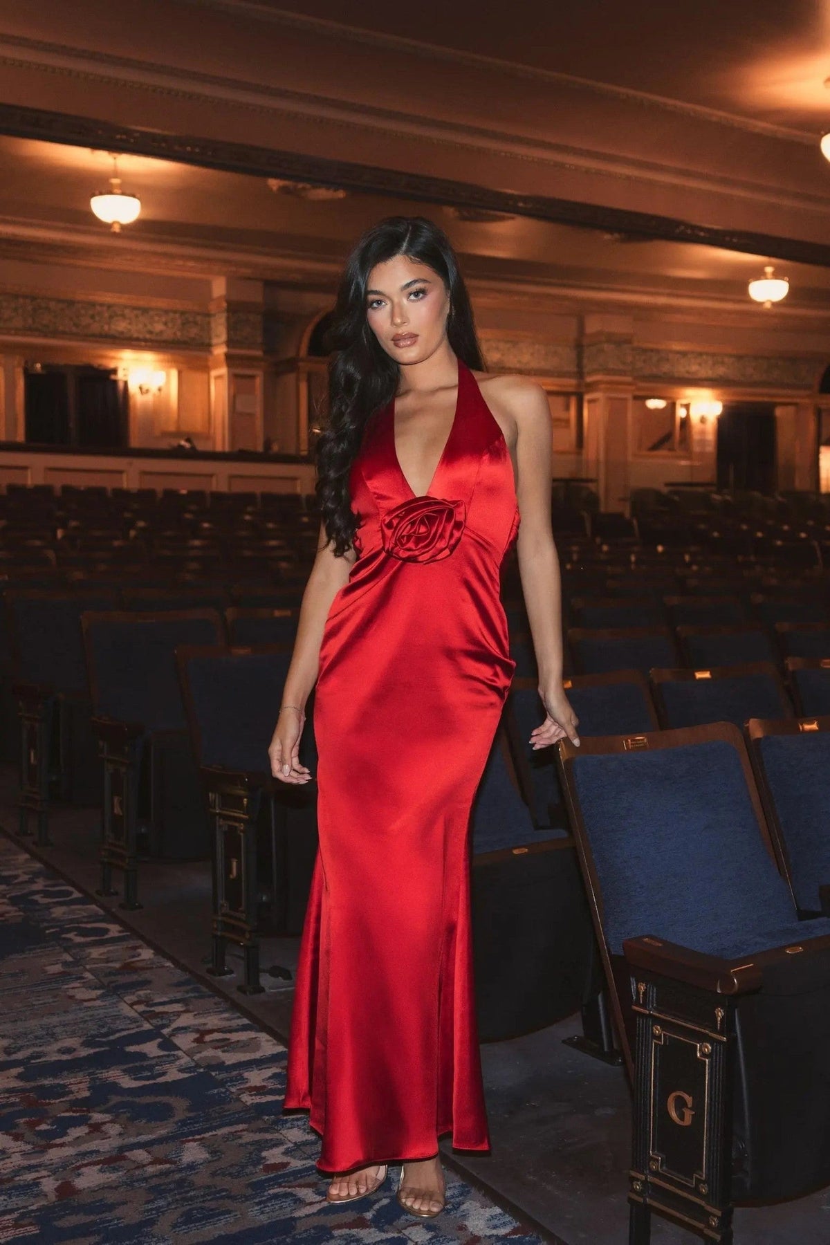 Red Fitted Satin Sleeveless Halter Gown With 3D Flower