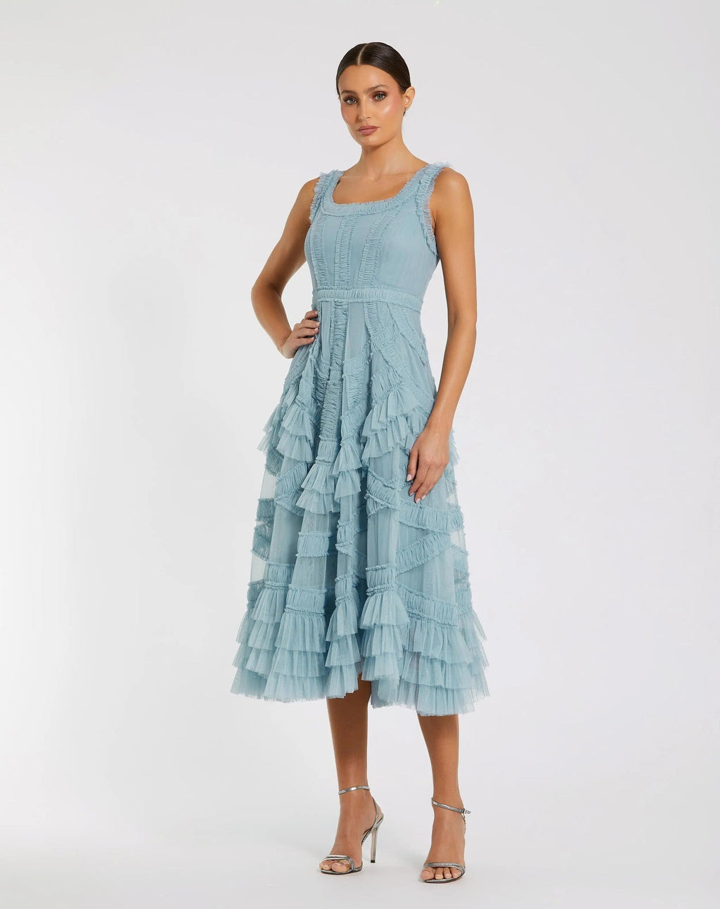 Blue Scoop Neck Sleeveless A-Line Ruffle Midi Dress