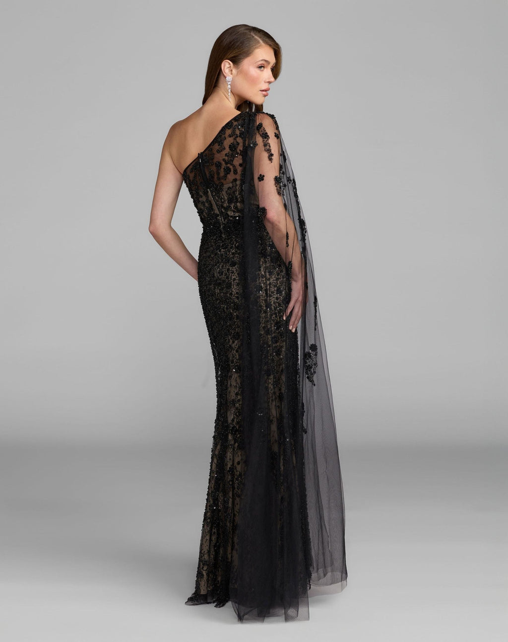 Black Embellished Lace One Shoulder Gown With Cape Sleeve