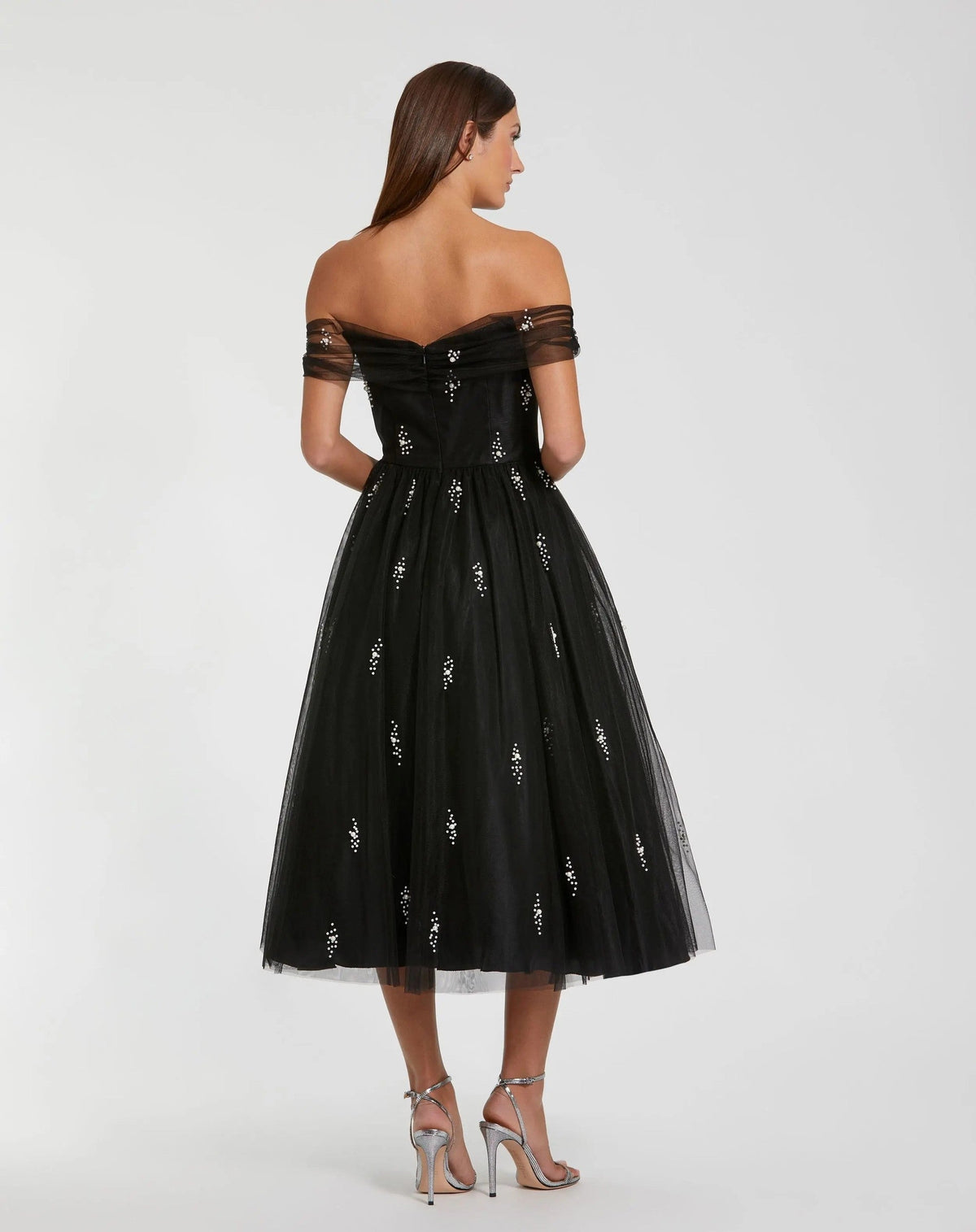 Black Tulle Off The Shoulder Pearl Embellished Cocktail Dress