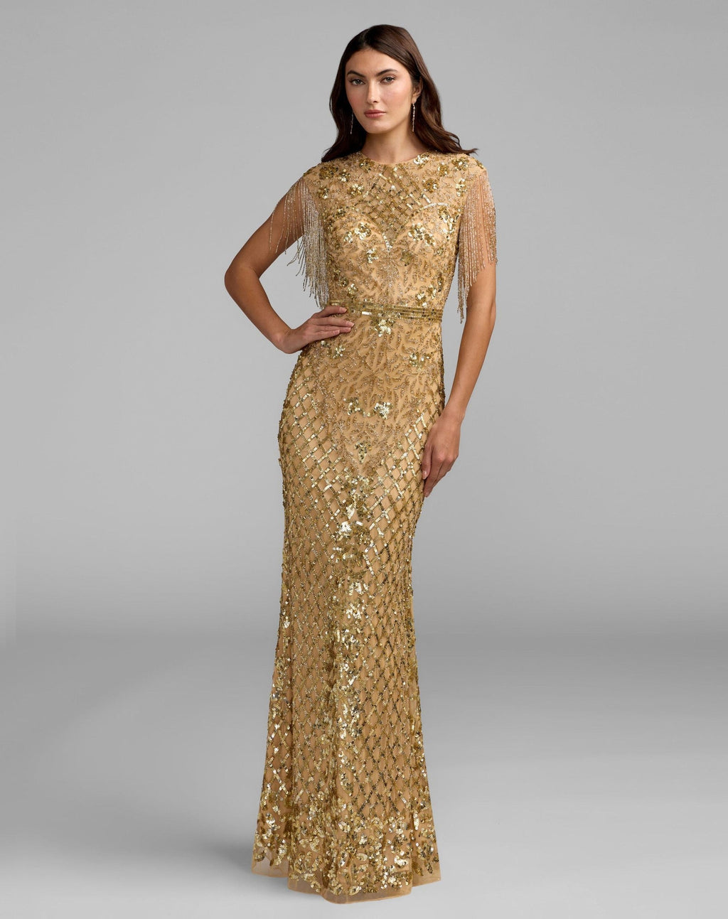 High Neck Sleeveless Beaded Fringe Fitted Gown