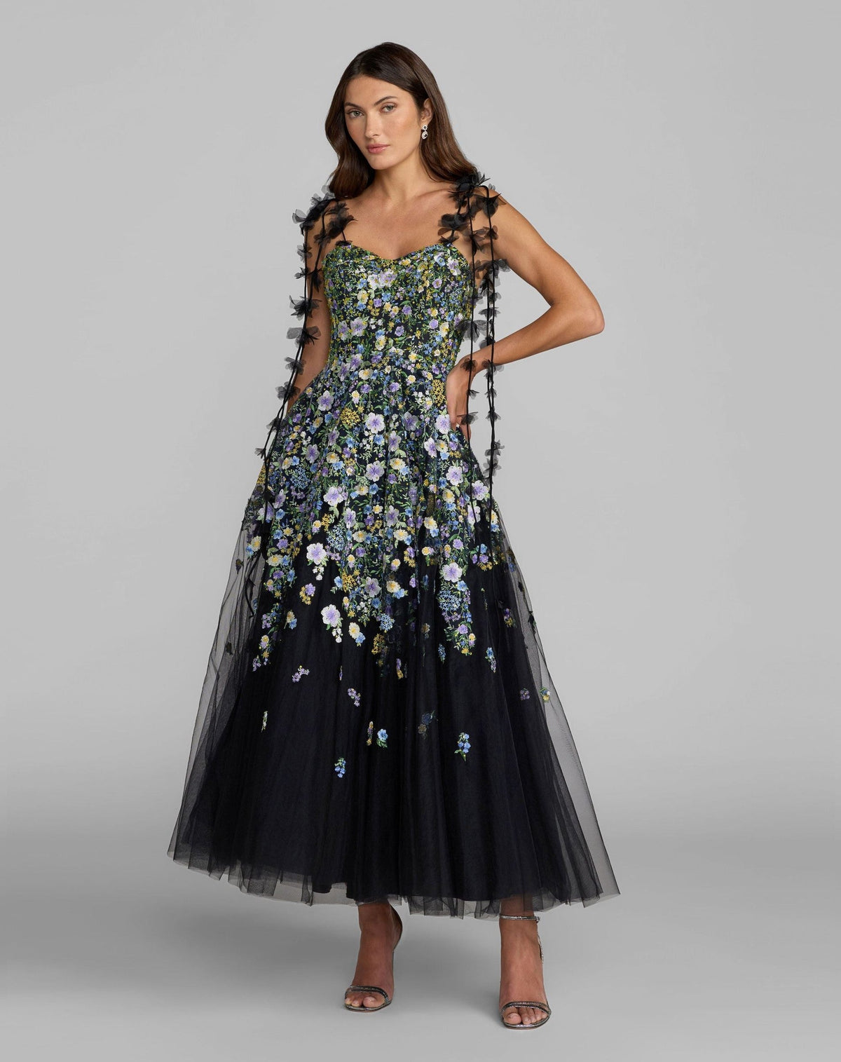 Black Floral Embroidered Sweetheart Neck A-Line Dress