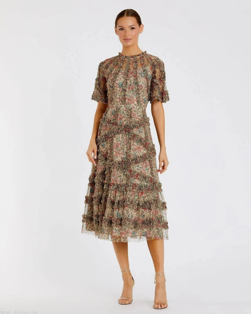Illusion Floral Midi Dress with Ruffle Detailing