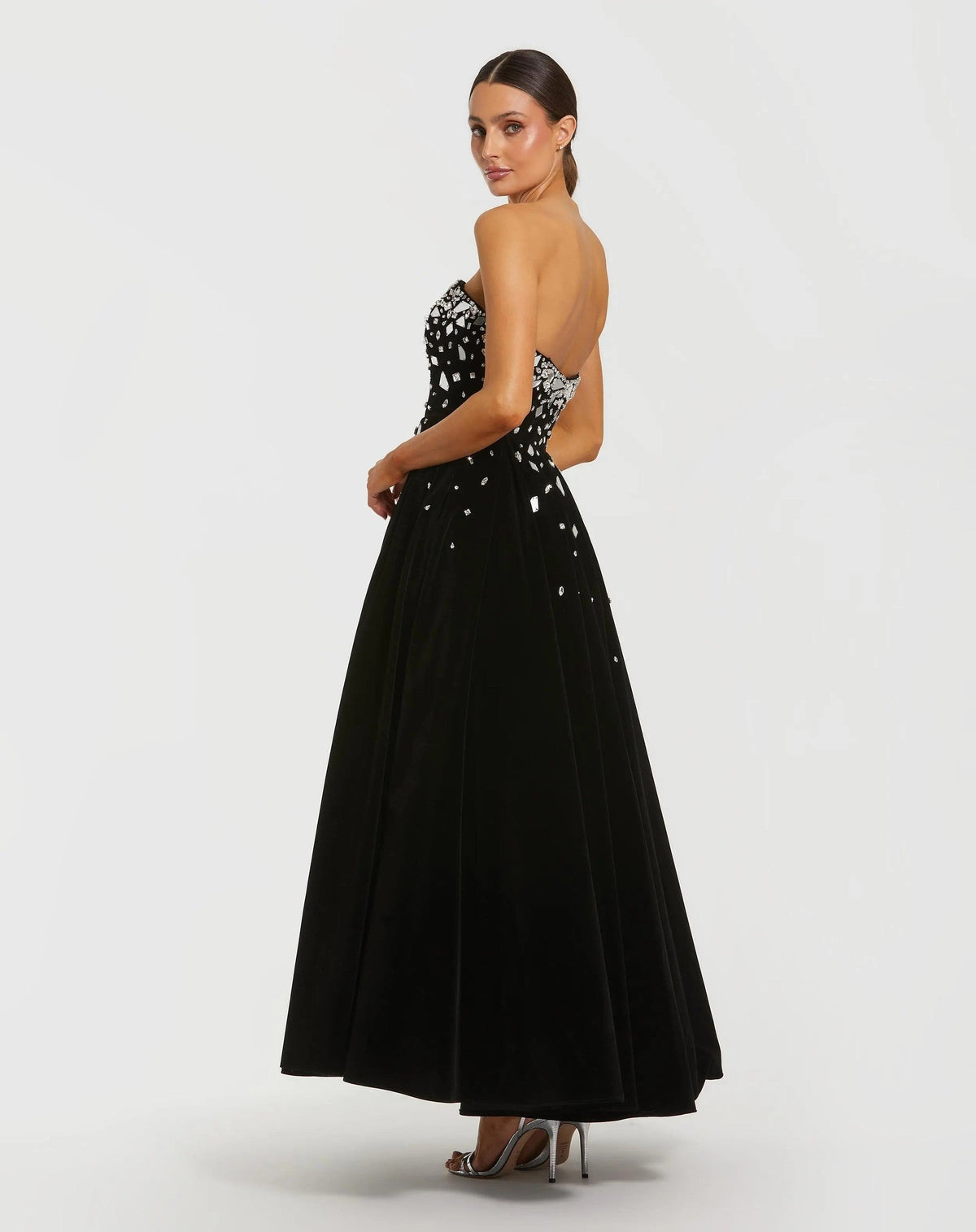 Black Embellished Velvet Strapless A-Line Maxi Dress