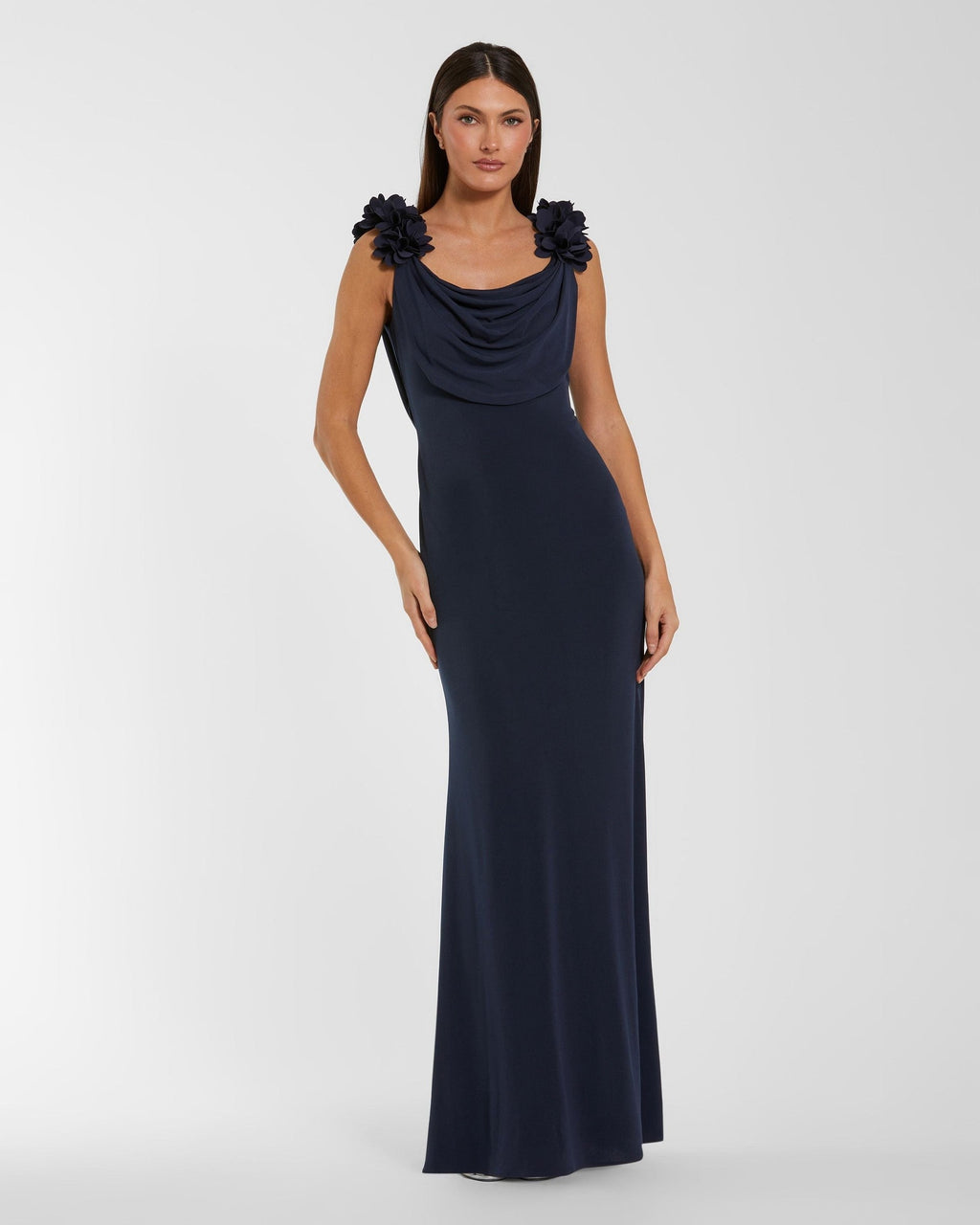 Petite Midnight Cowl Neck Jersey Gown With 3D Flower Straps