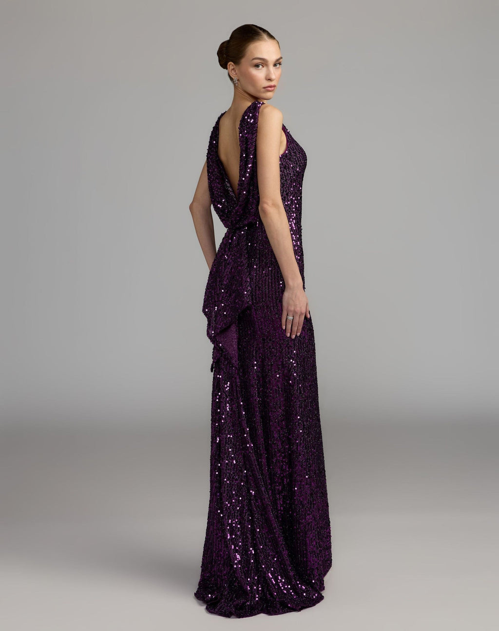 Plum Sleeveless Cowl Back Sequin Evening Gown