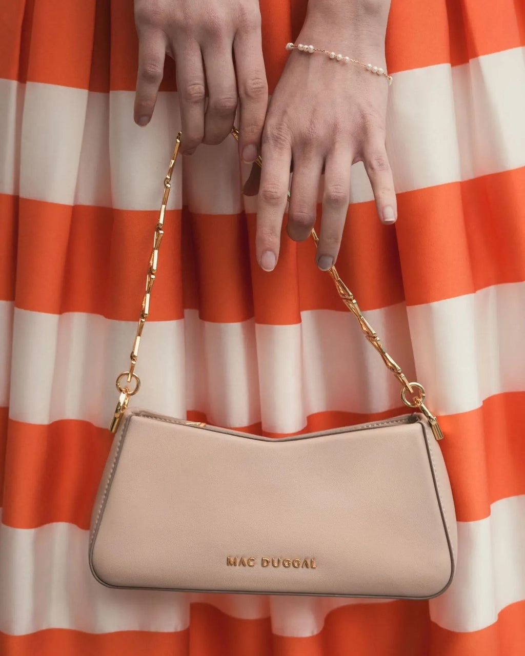 Beige Small Leather Shoulder Bag with Gold Chain