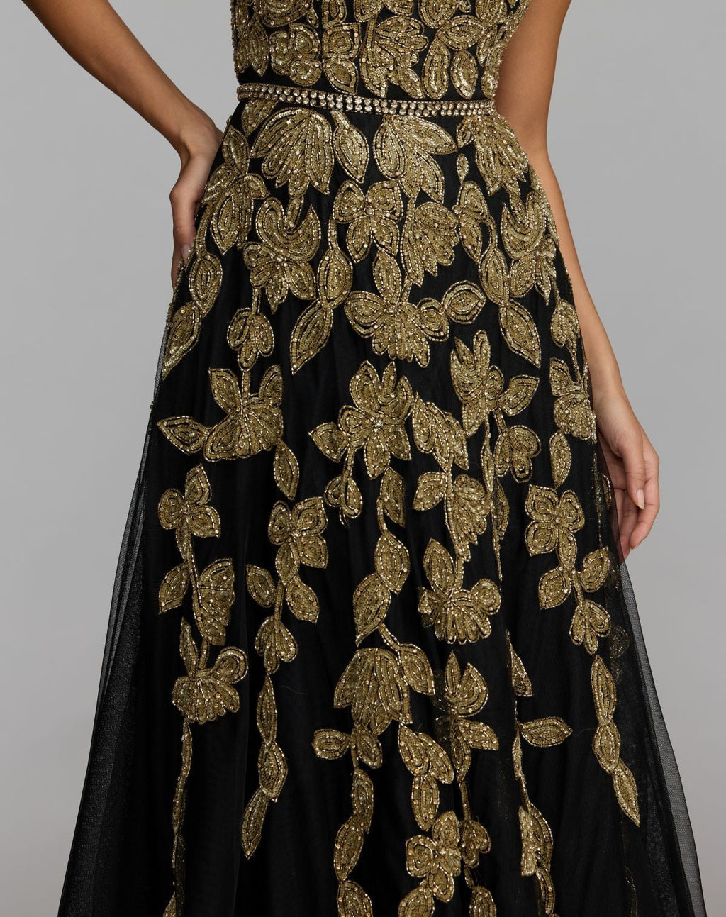 Black Gold Floral Embellished Strapless A-Line Gown