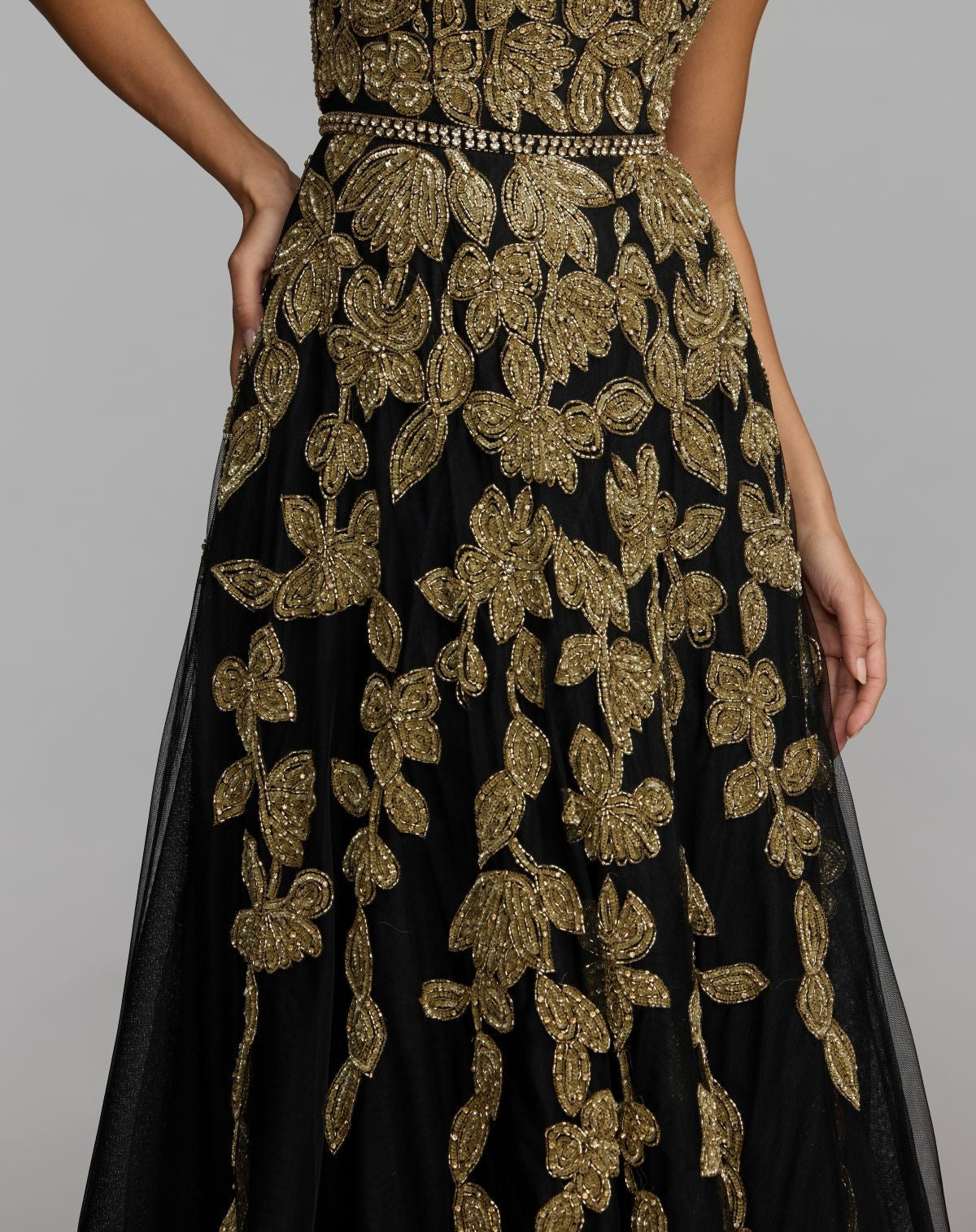 Black Gold Floral Embellished Strapless A-Line Gown