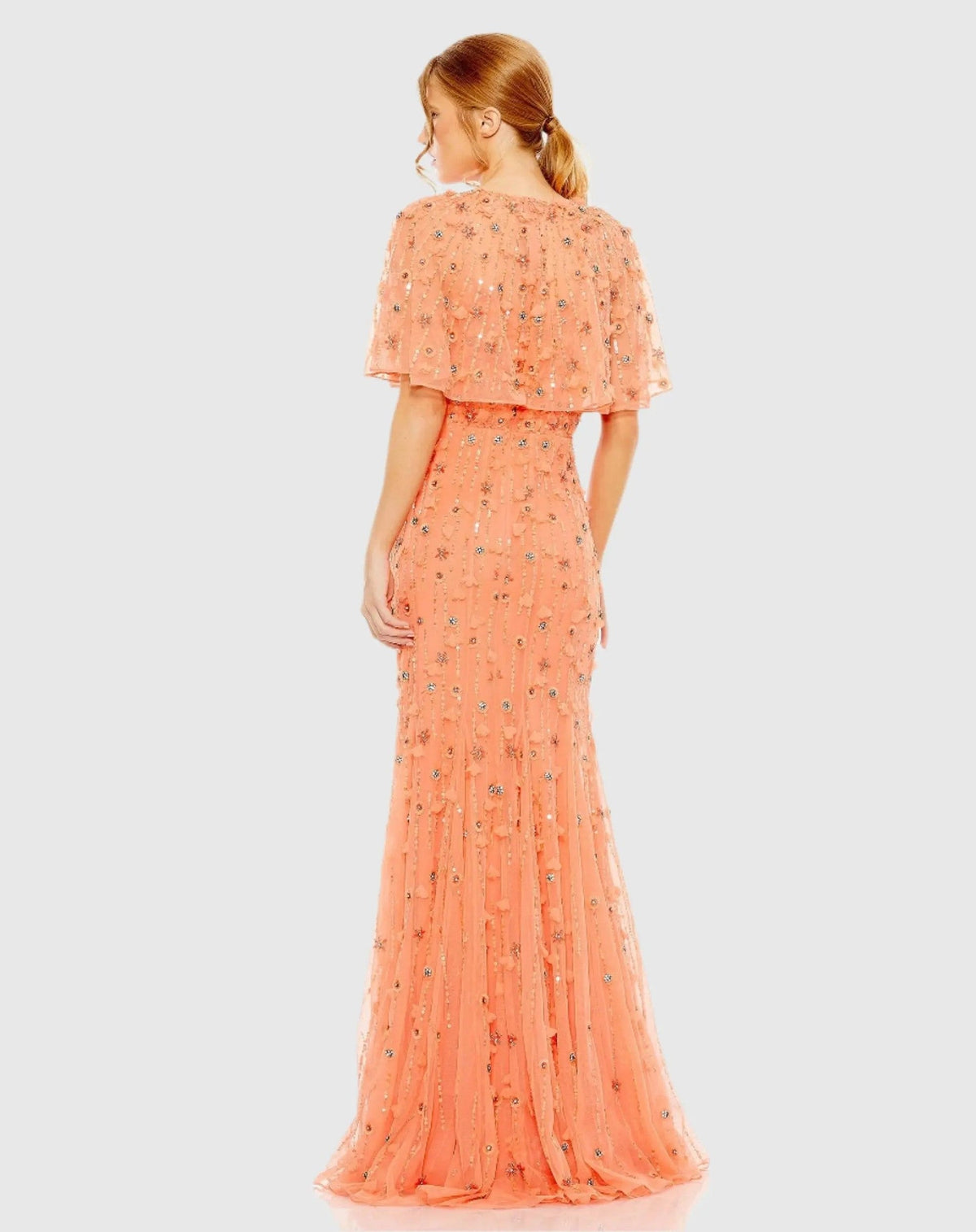 Coral Embellished Illusion Cape Sleeve Trumpet Gown