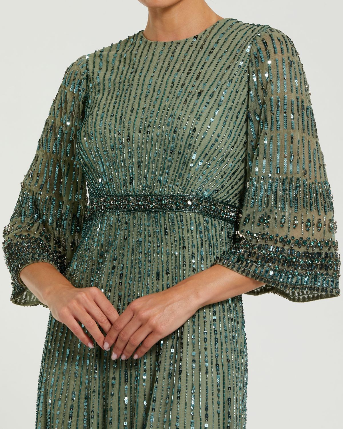 Seafoam High Neck Embellished Gown With 3/4 Sleeves