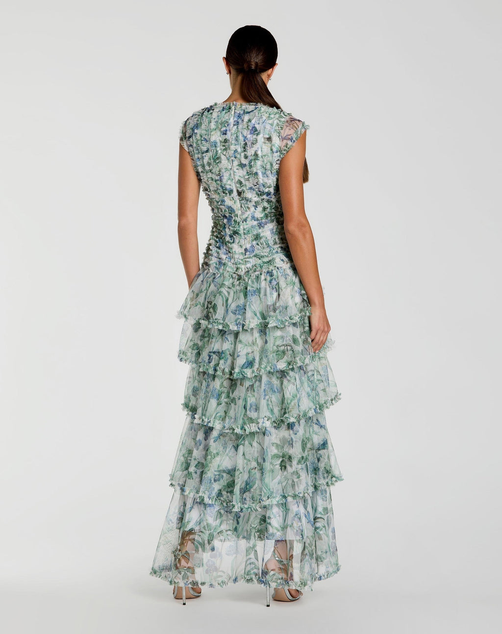 Blue Multi Floral V Neck Tiered Ruffle Maxi Dress