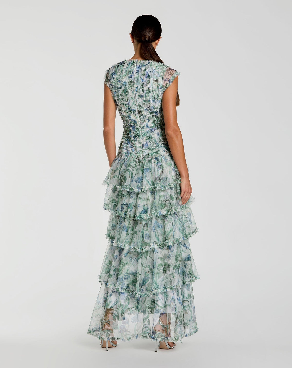Blue Multi Floral V Neck Tiered Ruffle Maxi Dress