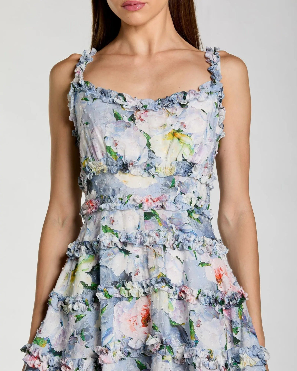 Platinum Multi Floral Square Neck Ruffled Cotton Mini Dress