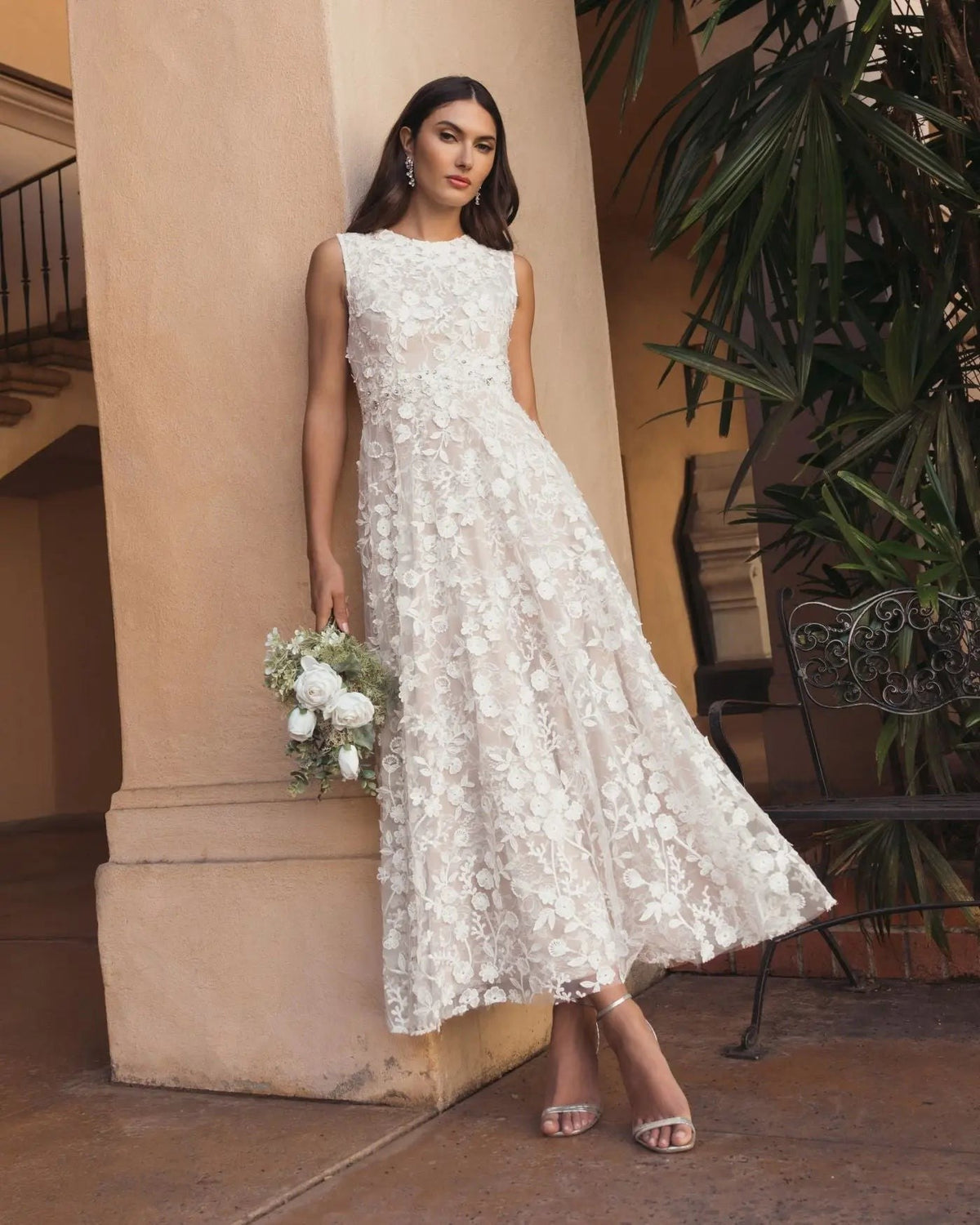Ivory Nude Floral Embroidered High Neck Midi Dress